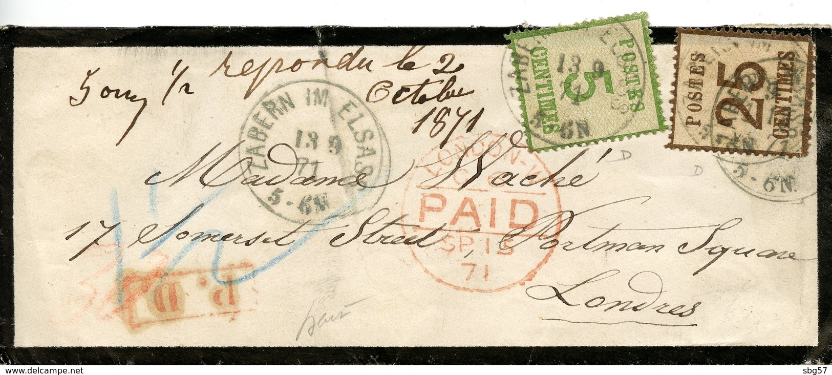 Lettre De Saverne Pour Londres; Timbres D'Alsace-Lorraine à 5 C + 20 C, Datée Du 13/09/1871 - Autres & Non Classés