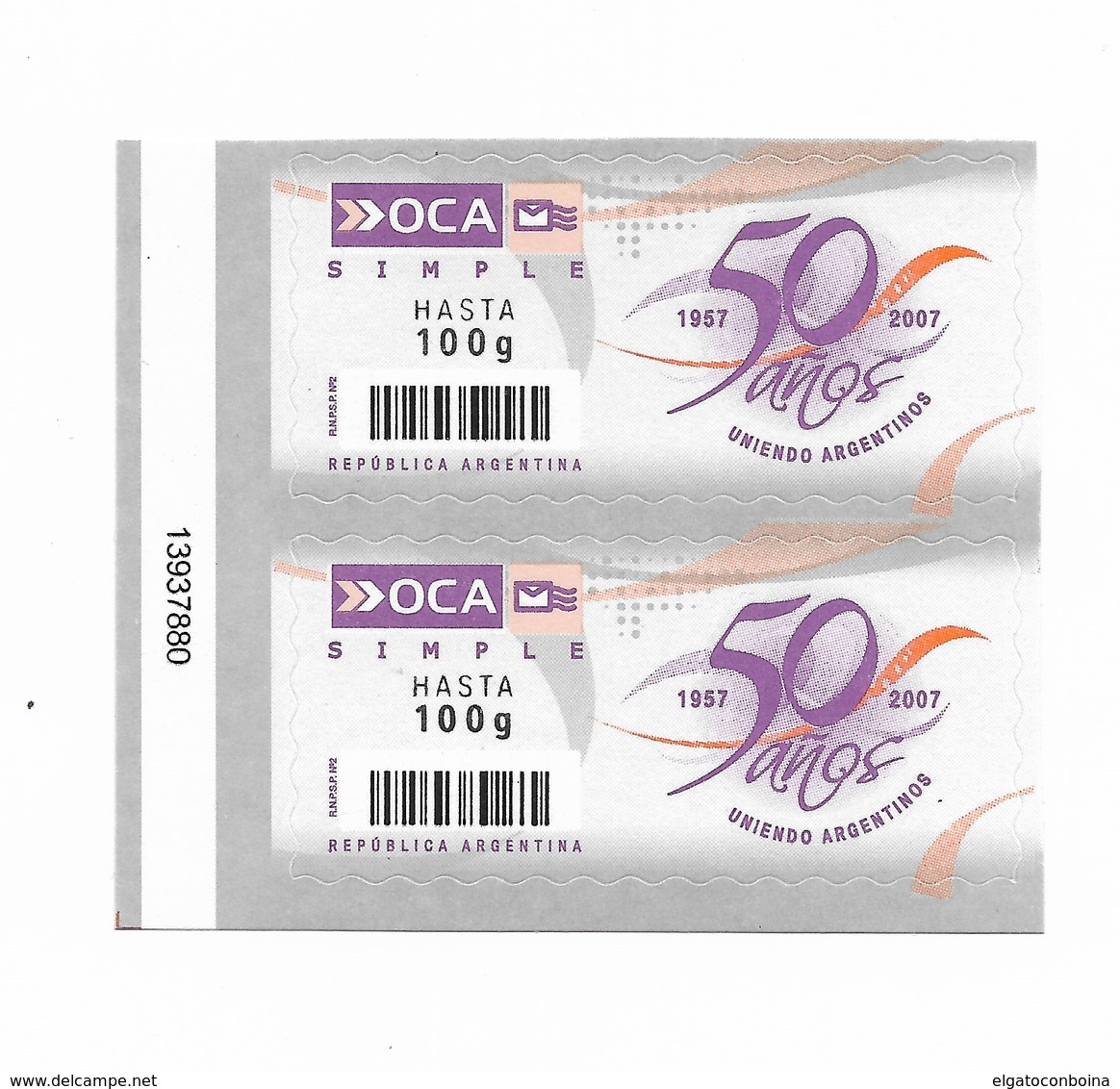 ARGENTINA 2007 OCA PRIVATE MAIL STAMP 50 YEARS ANNIVERSARY 2 VALUES SELF ADHESIVE UNUSED - Neufs