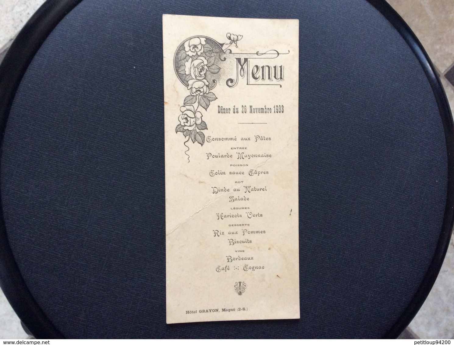MENU Diner Du 20 Novembre 1933  HOTEL GRAYON Magne  DEUX-SEVRES - Menus