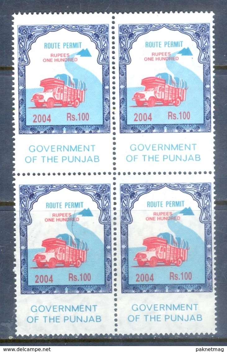 D59- PAKISTAN 2004 PUNJAB PROVINCE ROUTE PERMIT REVENUE RS 100 BLOCK OF 4 STAMP. - Pakistan