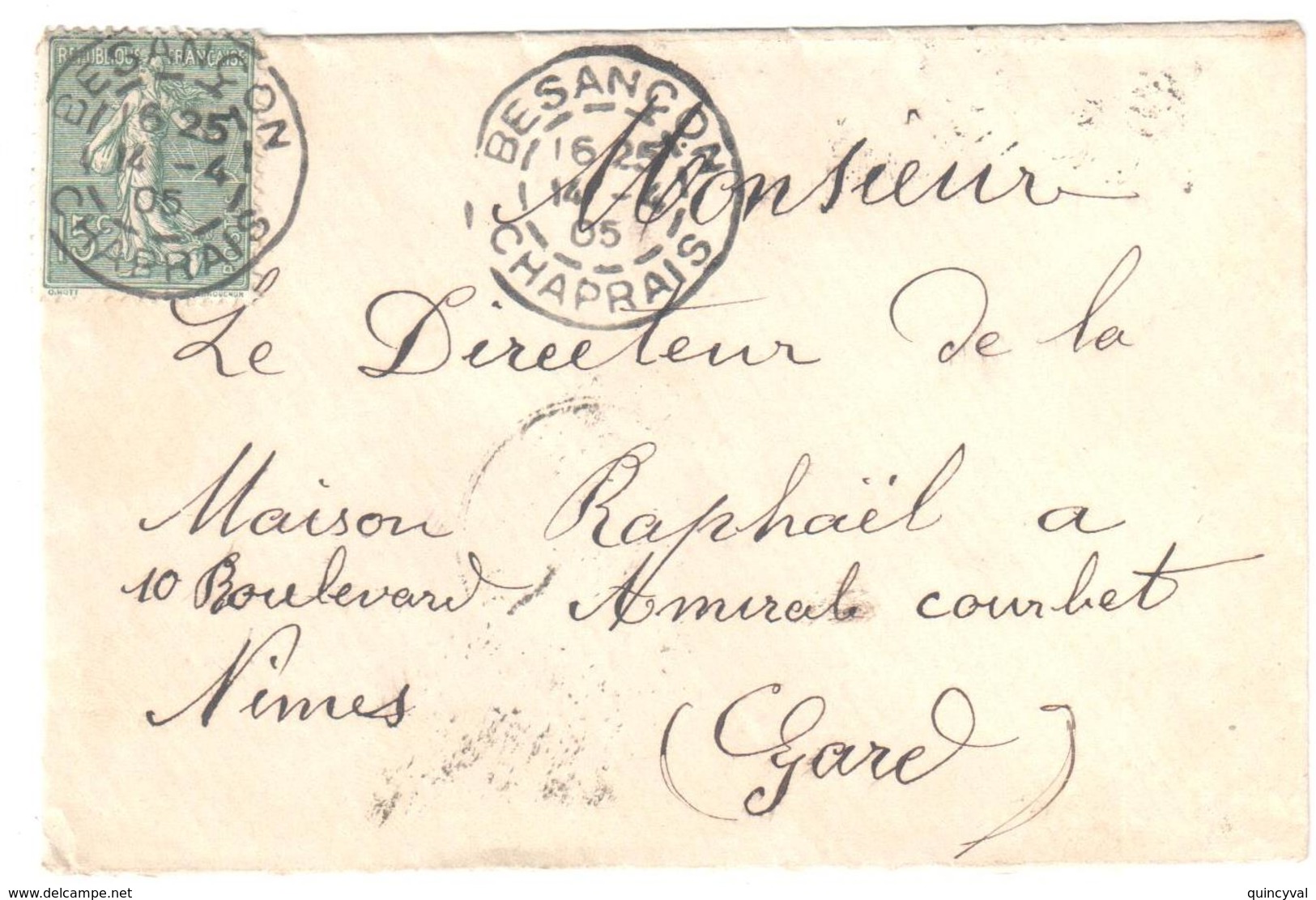 BESANCON CHAPRAIS Doubs Lettre Carte De Visite Mignonnette 15c Semeuse Lignée Verte Yv 130 Ob 14 4 1905 - Covers & Documents