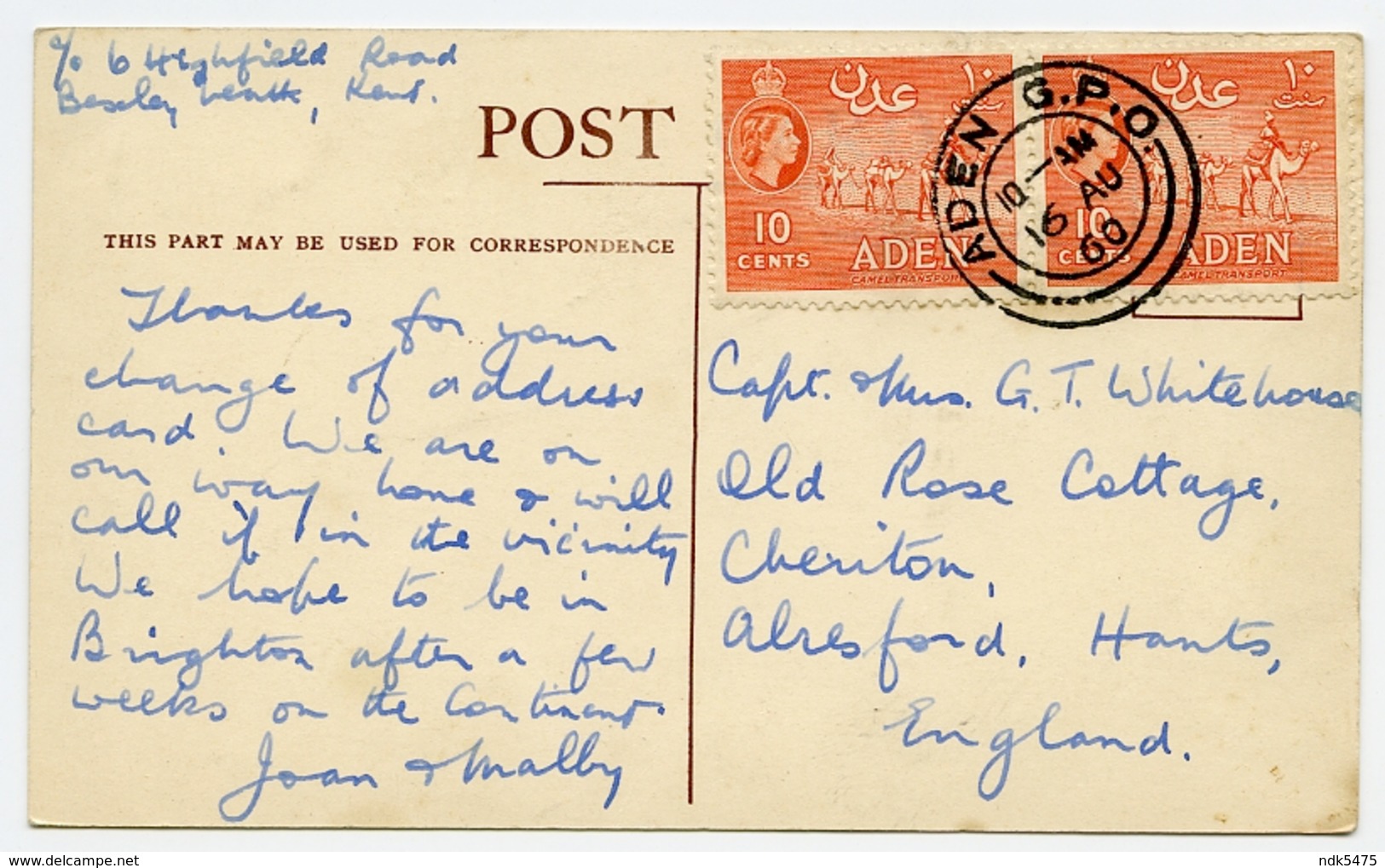 UNION CASTLE LINE : DURBAN CASTLE / QEII 10 CENTS ADEN & ADEN G.P.O. FRANKING / ADDRESS - CHERITON, ALRESFORD - Aden (1854-1963)