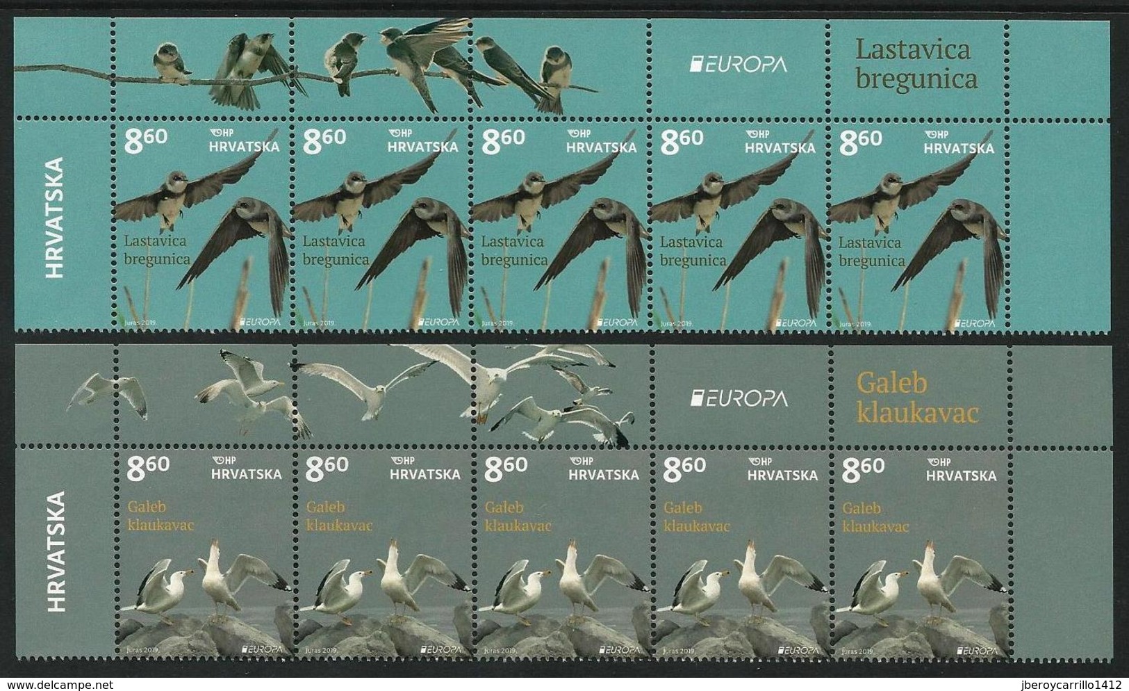 CROACIA /CROATIA /KROATIEN /HRVATSKA  -EUROPA 2019 -NATIONAL BIRDS.-"AVES -BIRDS -VÖGEL-OISEAUX"- STRIP Of 5 SERIES - 2019