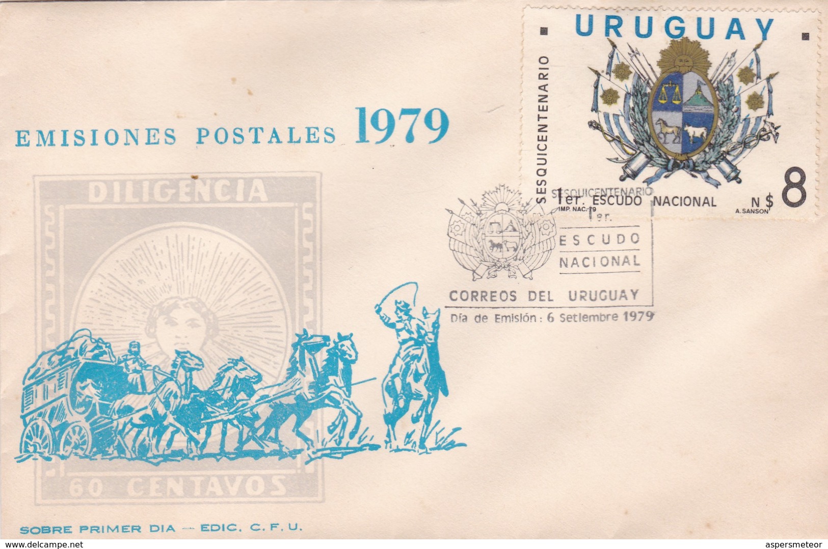 1979 FDC COVER URUGUAY- SESQUICENTENARIO 1ER ESCUDO NACIONAL- BLEUP - Uruguay