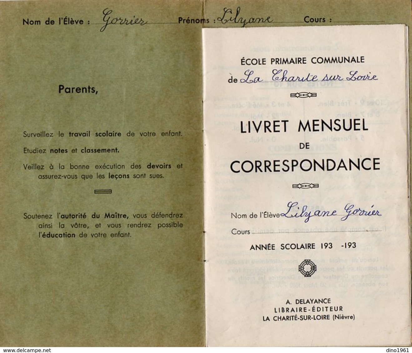 VP15.414 - Ecole Primaire Communale De LA CHARITE - SUR - LOIRE - Livret Mensuel De Correspondance - Elève L. GORRIER - Diplomi E Pagelle