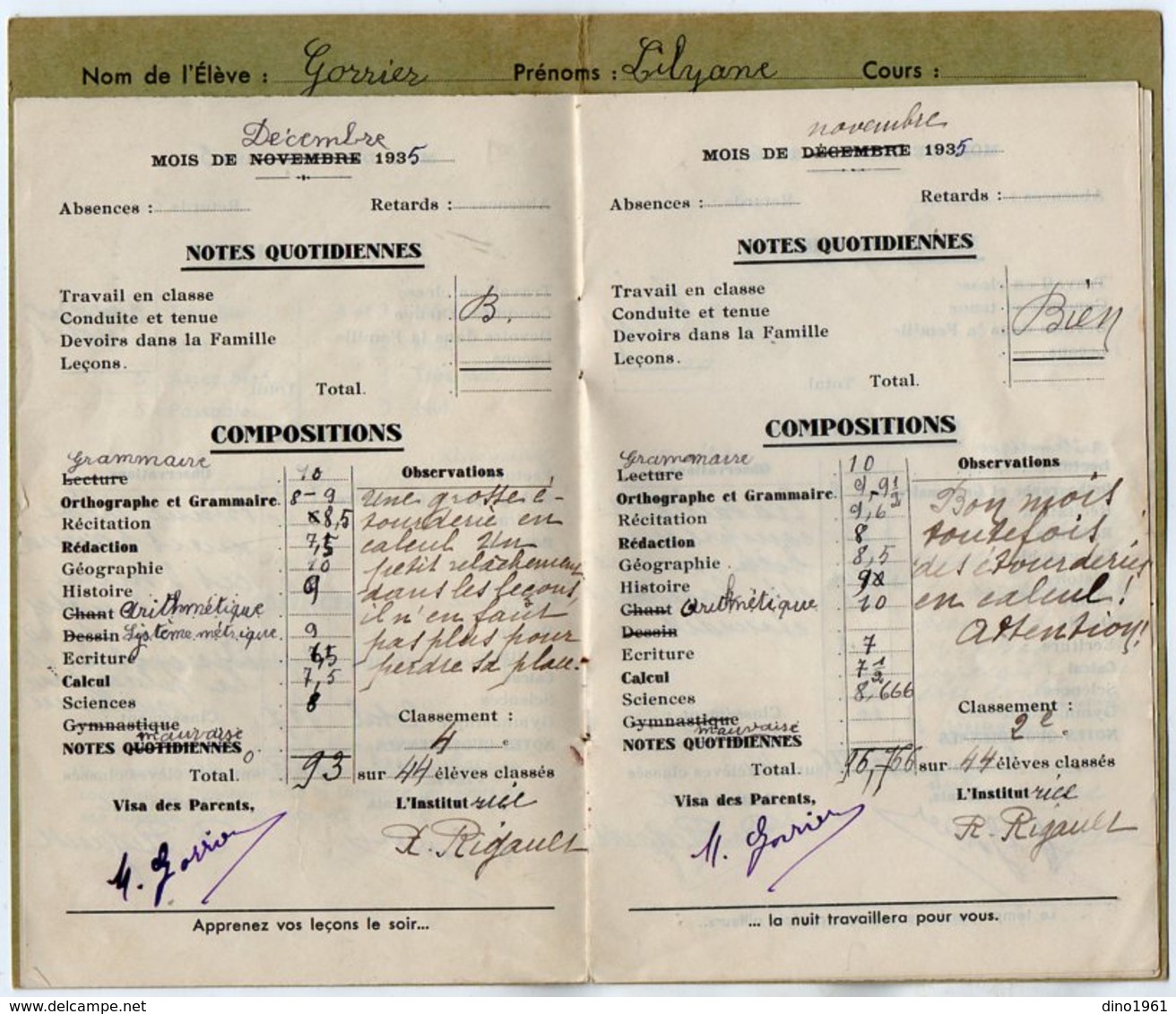 VP15.414 - Ecole Primaire Communale De LA CHARITE - SUR - LOIRE - Livret Mensuel De Correspondance - Elève L. GORRIER - Diplômes & Bulletins Scolaires