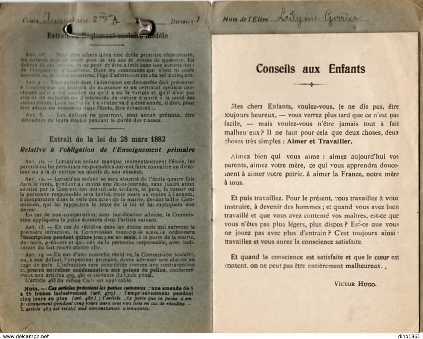 VP15.415 - Ecole Primaire Communale De LA CHARITE - SUR - LOIRE - Livret Mensuel De Correspondance - Elève L. GORRIER - Diplômes & Bulletins Scolaires