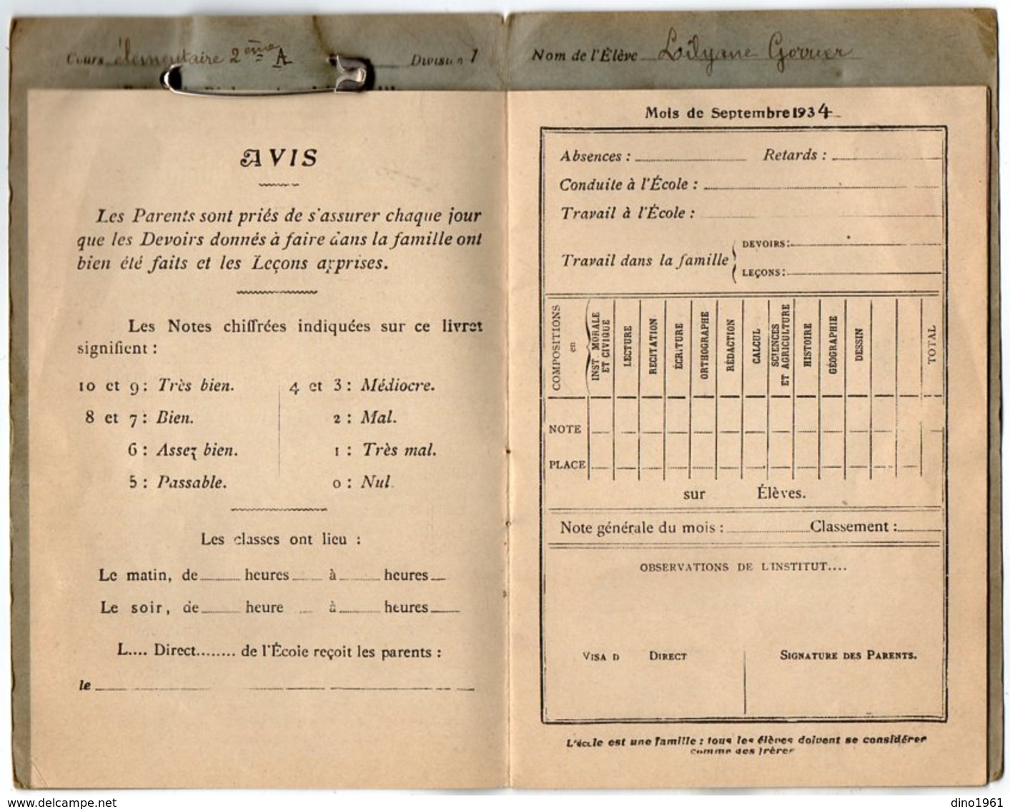 VP15.415 - Ecole Primaire Communale De LA CHARITE - SUR - LOIRE - Livret Mensuel De Correspondance - Elève L. GORRIER - Diplomi E Pagelle