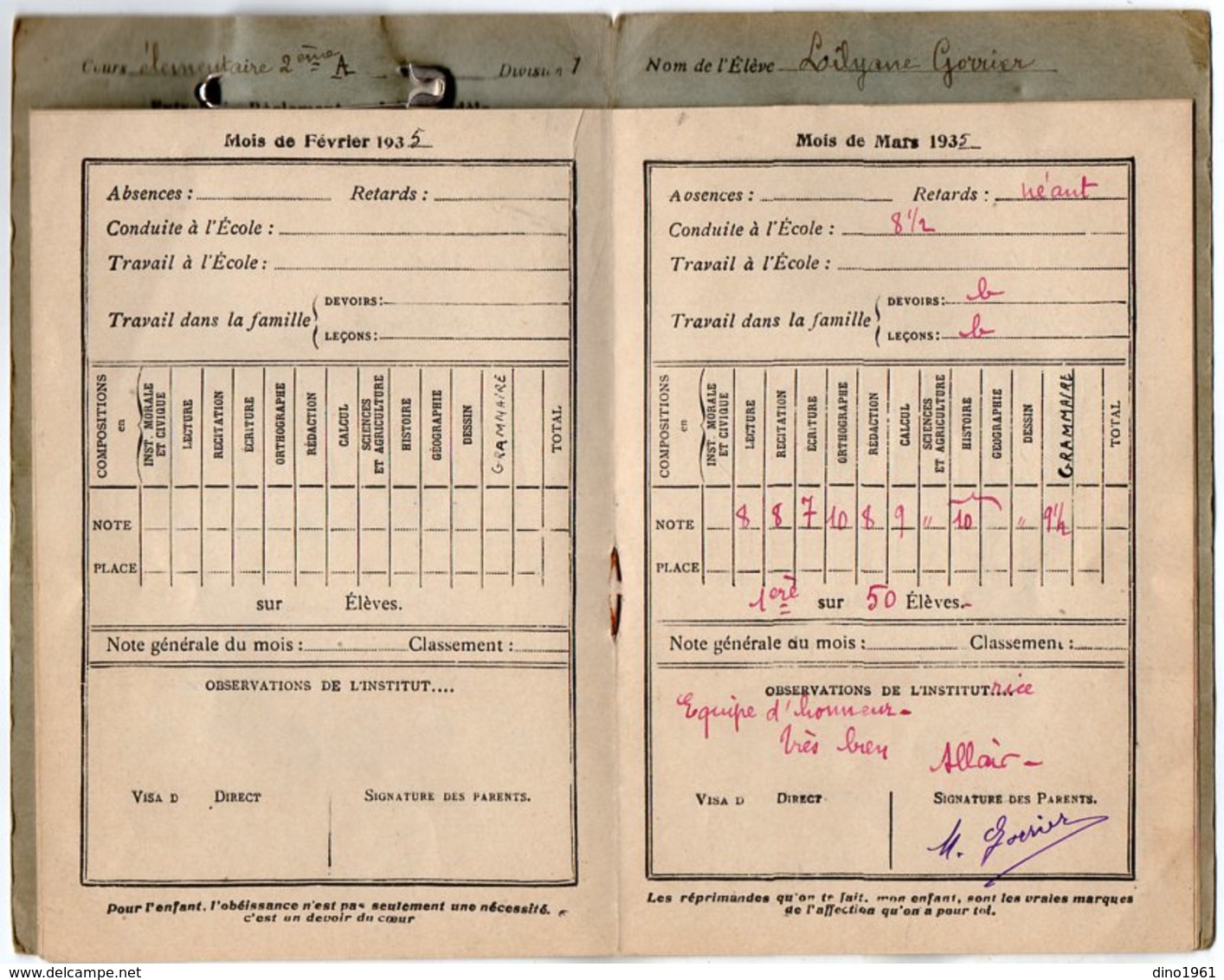 VP15.415 - Ecole Primaire Communale De LA CHARITE - SUR - LOIRE - Livret Mensuel De Correspondance - Elève L. GORRIER - Diplomi E Pagelle