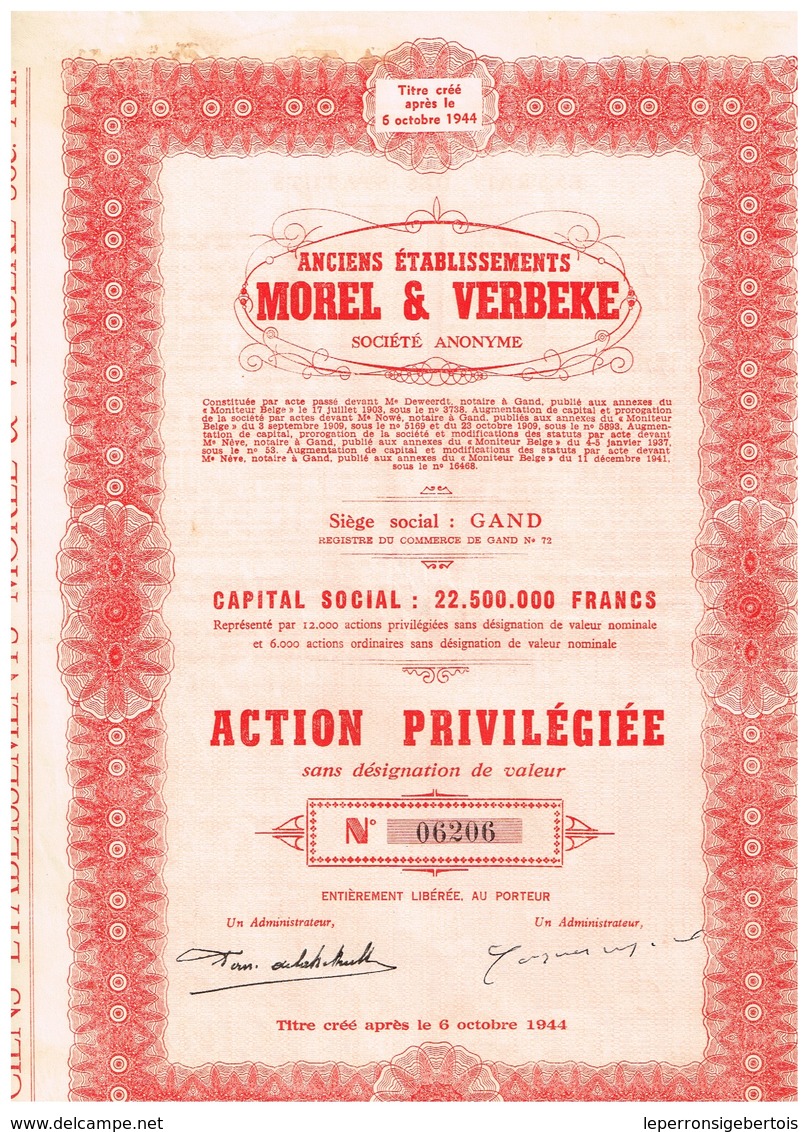 Titre Ancien - Anciens Etablissements Morel & Verbeke -Société Anonyme - Rayée De La Cote - - Textil