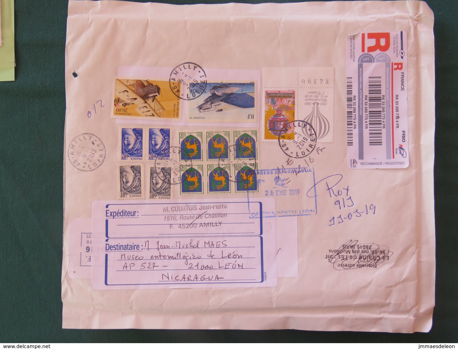 France 2019 Registered Cover To Nicaragua - Planes Balloon Arms Deer Sabine - Covers & Documents