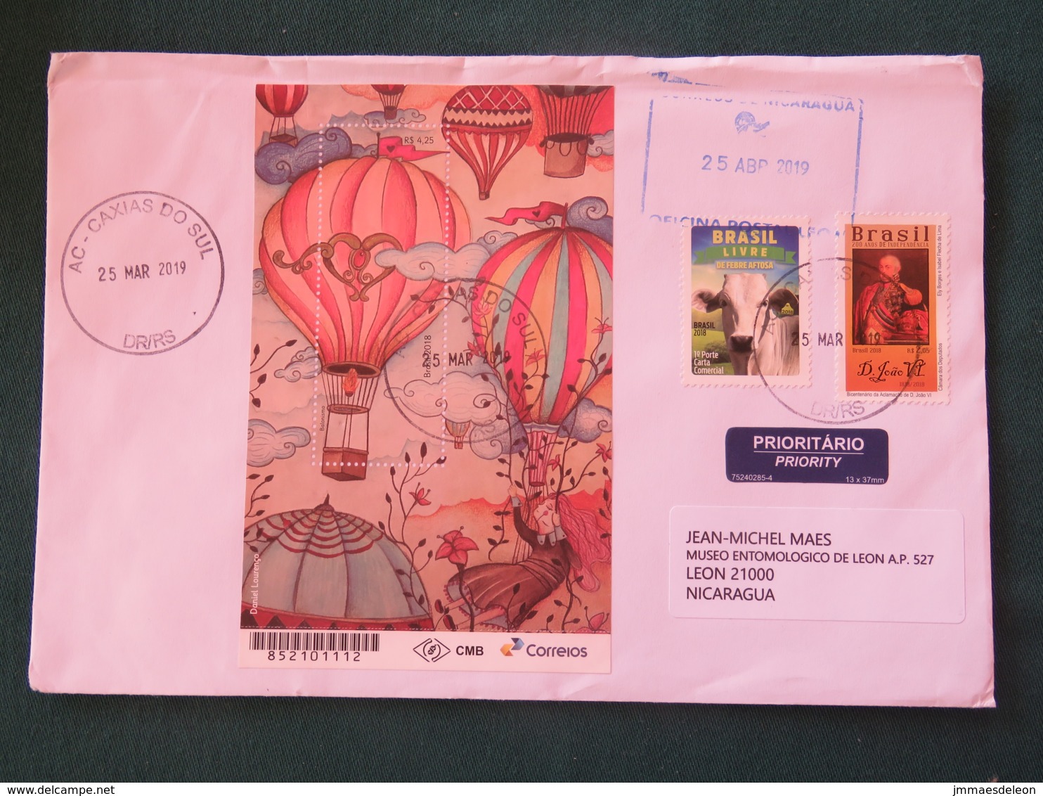Brasil 2019 Cover To Nicaragua - Balloon S.s. - Cow - Painting Independence - Covers & Documents