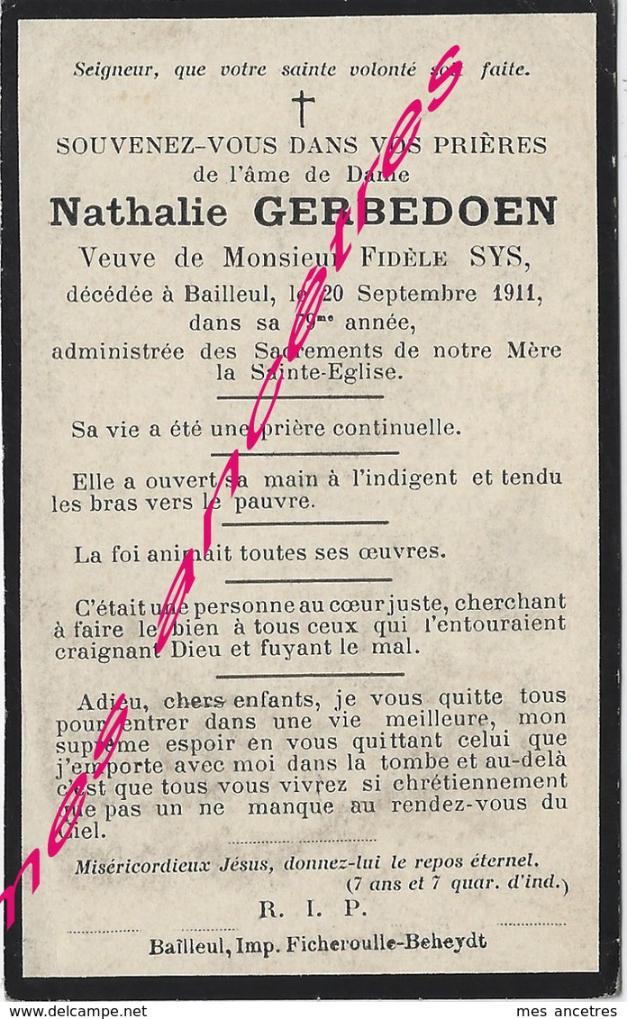 En 1911-Bailleul- Nathalie GERBEDOEN Ep Fidèle SYS 79 Ans - Décès