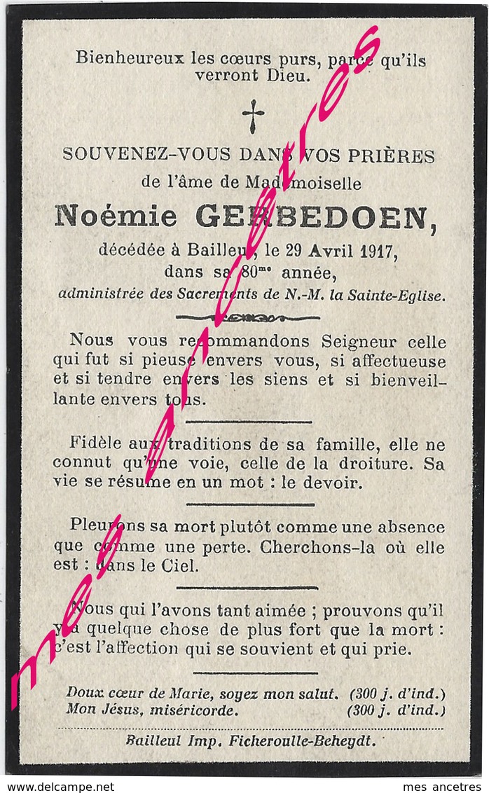 En 1917-Bailleul- Noémie GERBEDOEN 80 Ans - Décès