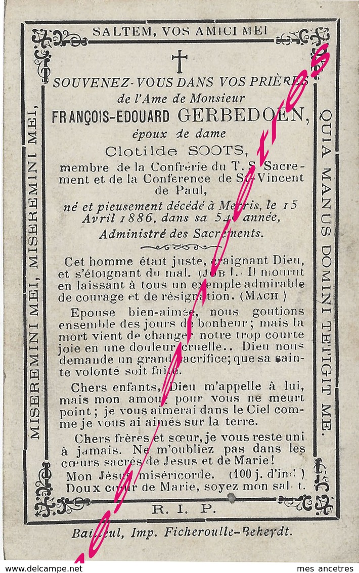 En 1886-Merris (59)  François GERBEDOEN Ep Clothilde SOOTS-membre Confrérie Et Conférence Saint Vincent De Paul - Obituary Notices