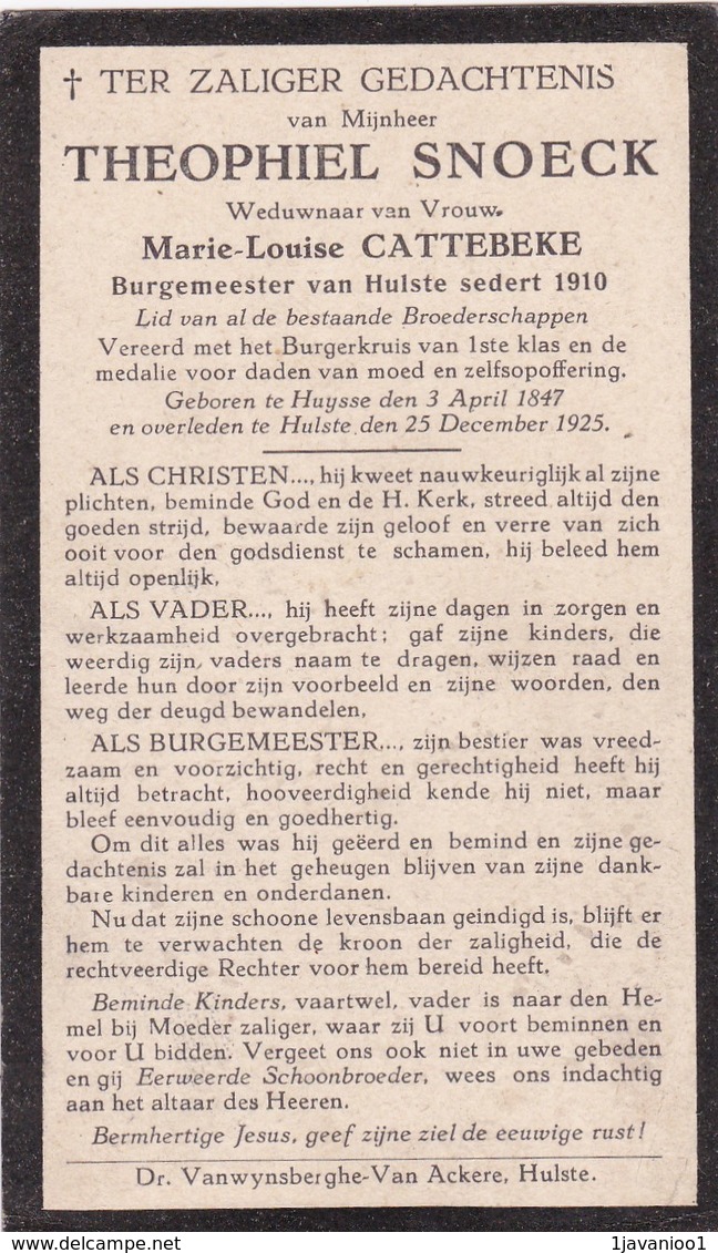 Burgemeester, Theophiel Snoeck, Cattebeke, Hulste, Huise, Huysse, 1925 - Images Religieuses