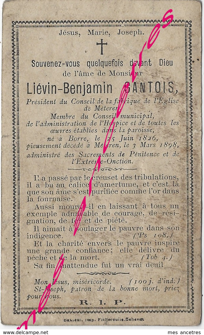 En 1898-Borre Et Méteren  (59) Conseiller Municipal Et Président Fabrique- Liévin GANTOIS - Décès