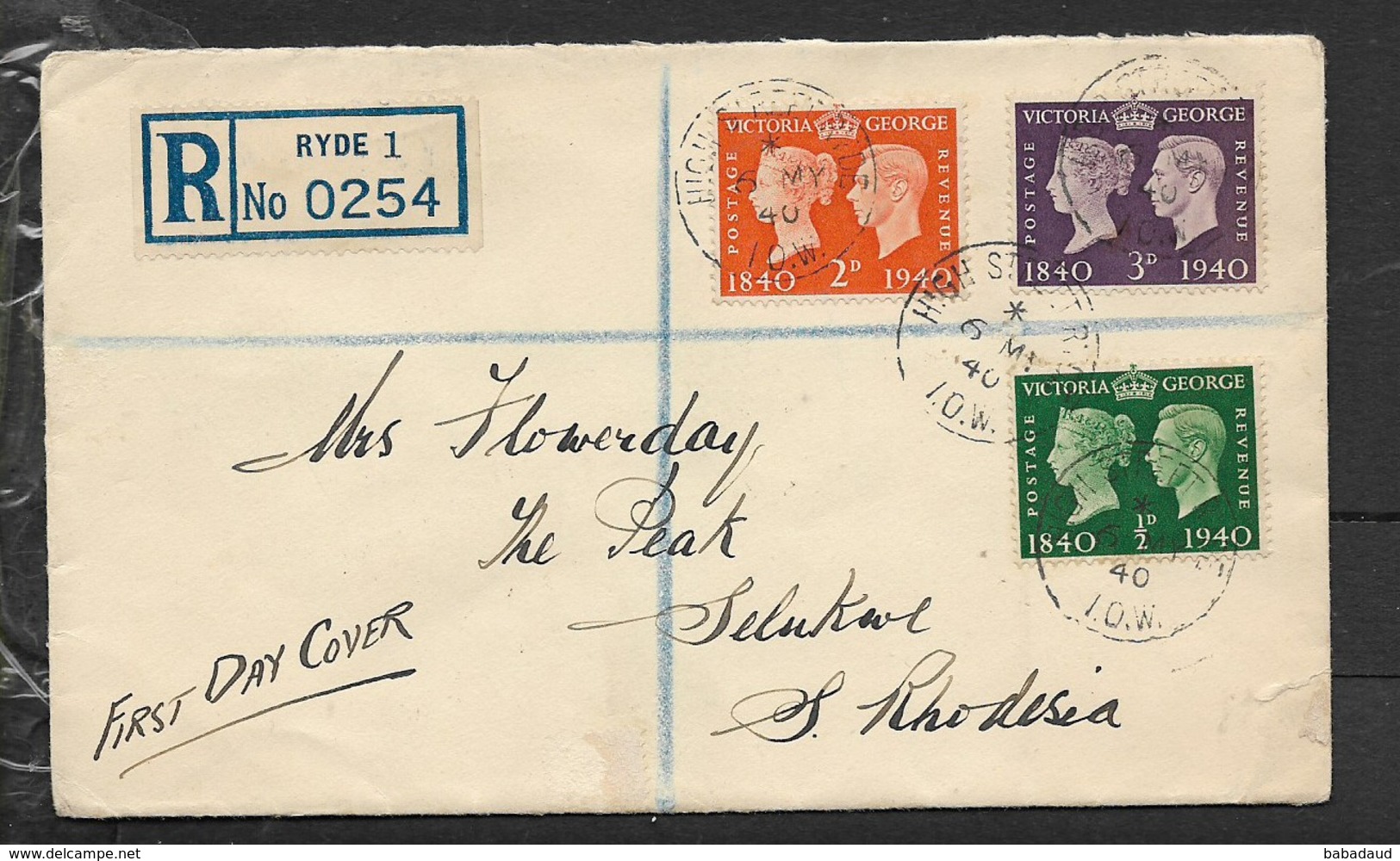 Great Britain, 1940, 1/2d, 2d, 3d, FDC HIGH STREET RYDE I.O.W.  6 MY 40 > SELUKWE S.Rhodesia - ....-1951 Pre Elizabeth II