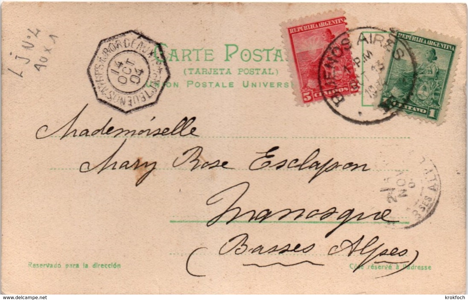 Buenos Ayres à Bordeaux LJ N°4 Aux 1 1904 - Octogonal Poste Maritime Paquebot Sur Carte Argentine Argentina - Poste Maritime