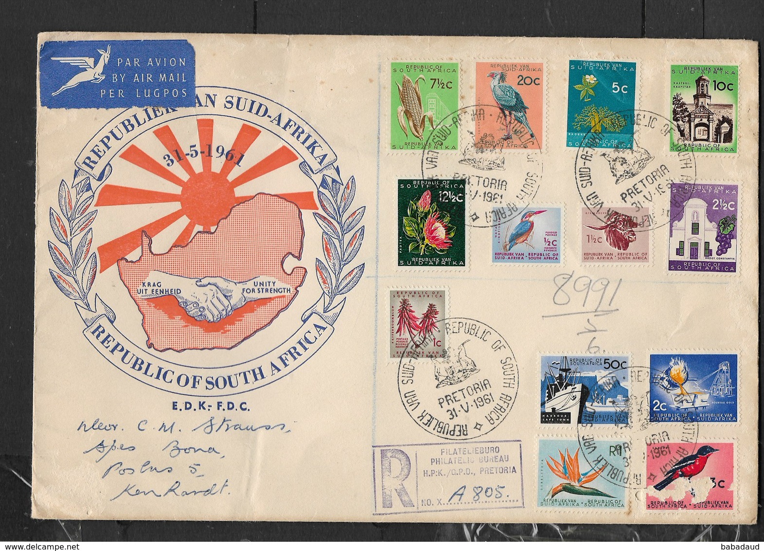 S.Africa, 1961,  New Definitive Set 1/2c - R1, PRETORIA 31.V.61, Registered > KENHARDT - FDC