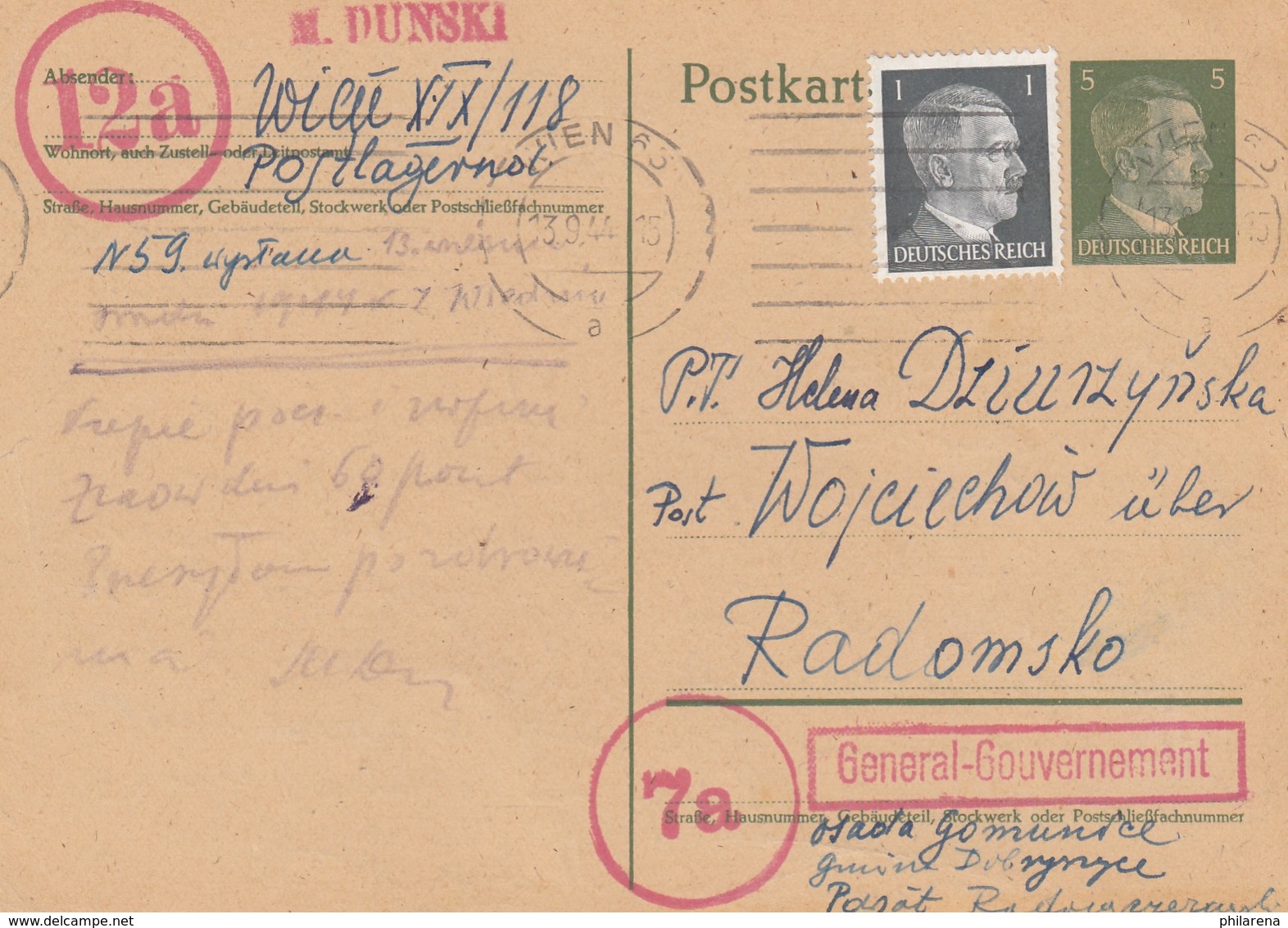 GG: Ganzsache DR, 9.44 Nach Radomsko Mit PLZ Stempel Aus Wien - Besetzungen 1938-45