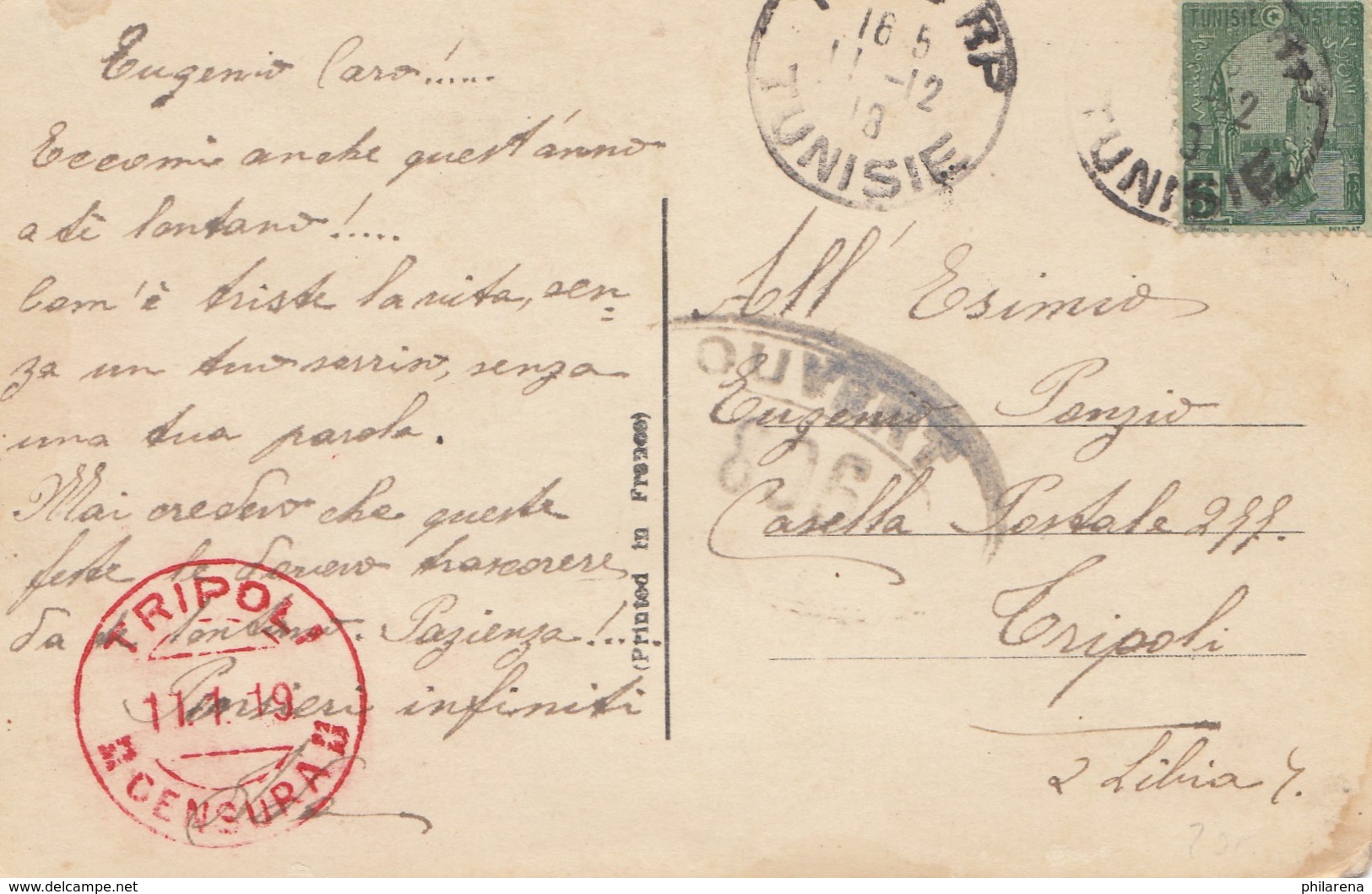 French Colonies Tunisie 1919, Post Card To Tripoli - Tunisie (1956-...)