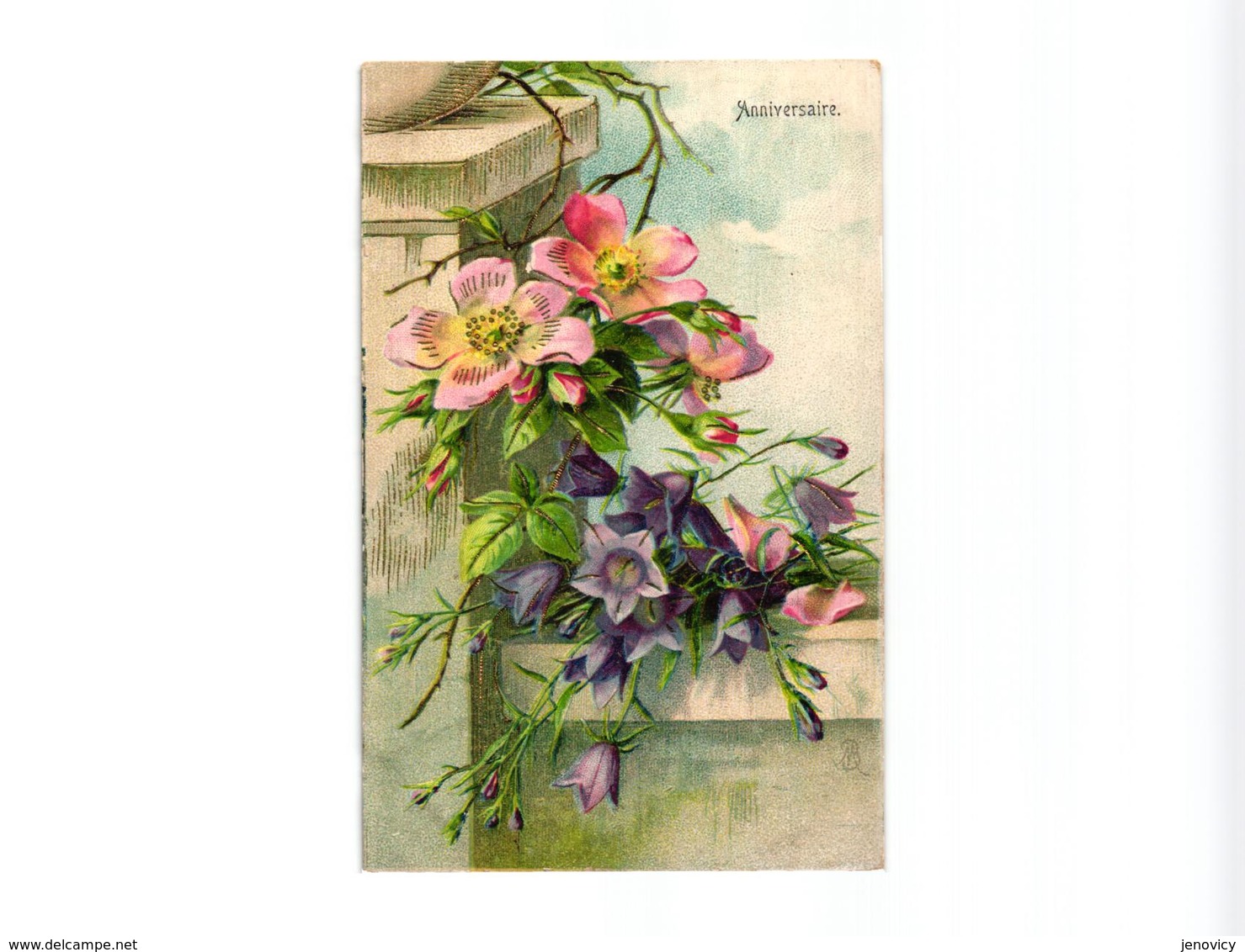 CARTE GAUFREE FLEURS POUR ANNIVERSAIRE.SIGNATURE M.B REF 60363 - Fiori