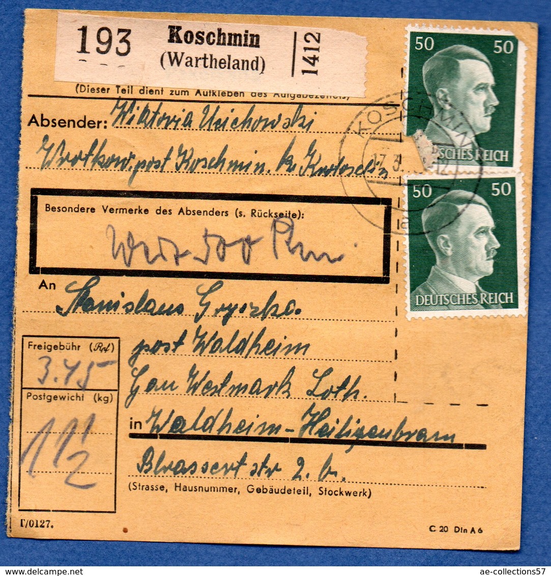 Colis Postal  -  De Koschmin ( Wartheland )   - Pour Waldheim - Covers & Documents