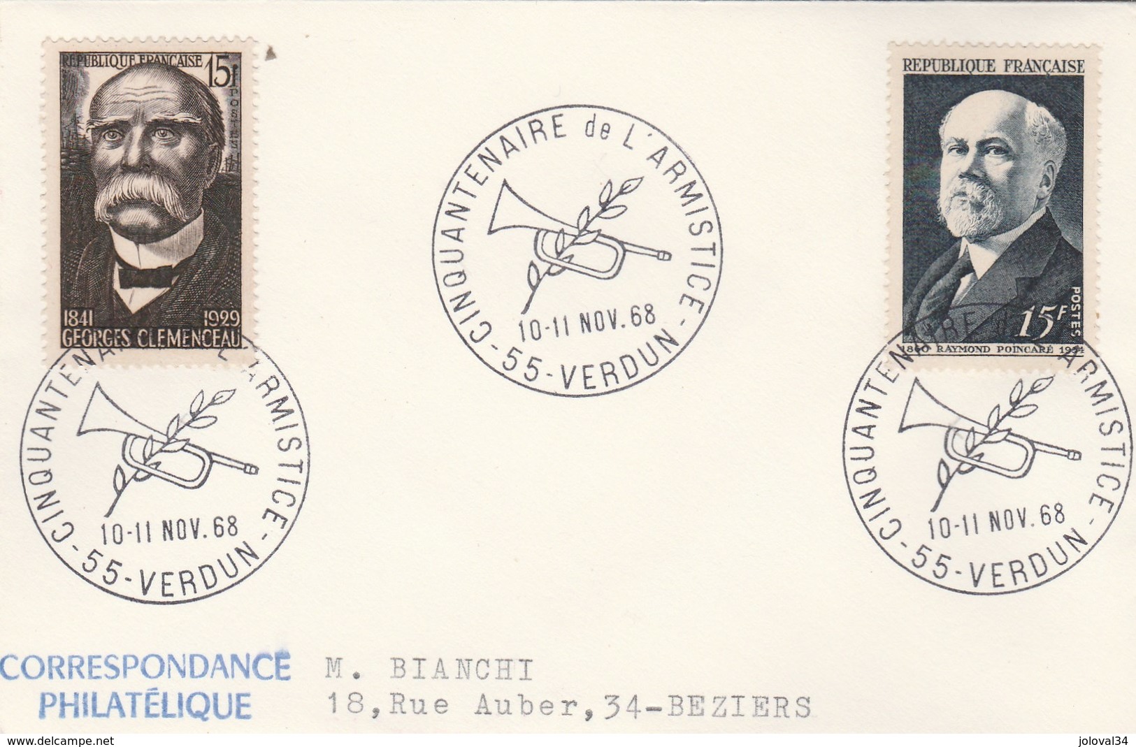 Enveloppe Cachet Cinquantenaire De L' Armistice 55 VERDUN 10 - 11/11/1968 - Timbres Clemenceau Et Poincaré - Guerra Del 1914-18