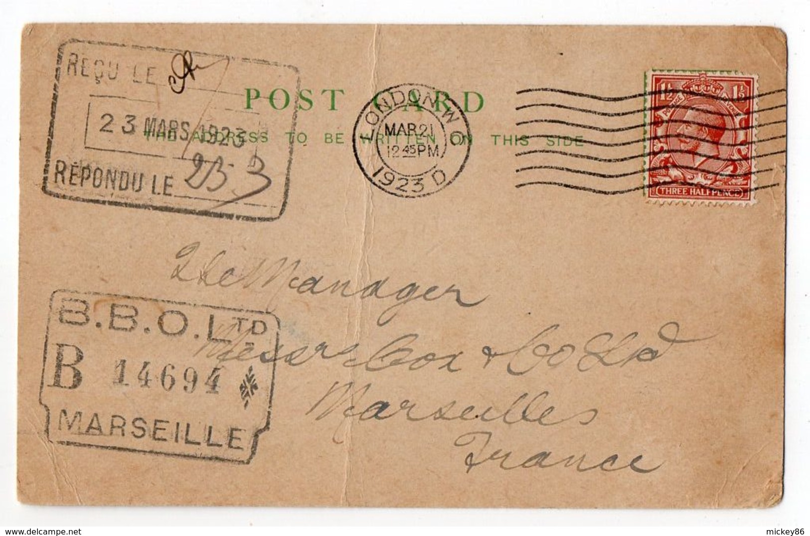 Grande-Bretagne--1923- Carte Postale LONDRES Pour MARSEILLE (France)-timbre -cachets--Bank Of Liverpool - Lettres & Documents