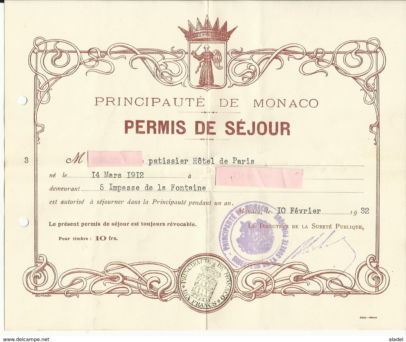 Permis De Séjour, Principauté De MONACO, Du 10 Fevrier 1932, - Non Classificati