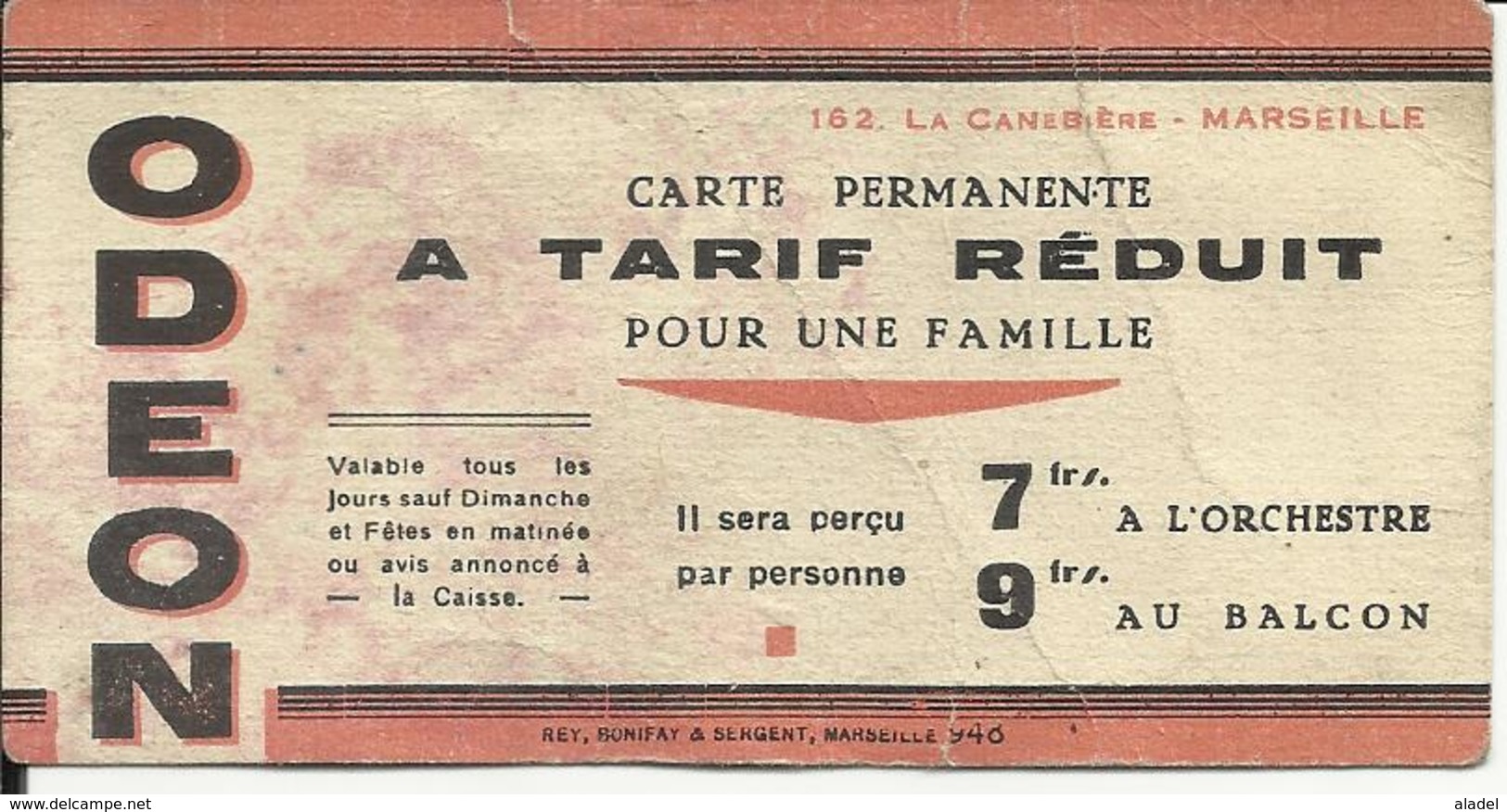 Carte Permanente D'entrée ODEON MARSEILLE - Non Classés