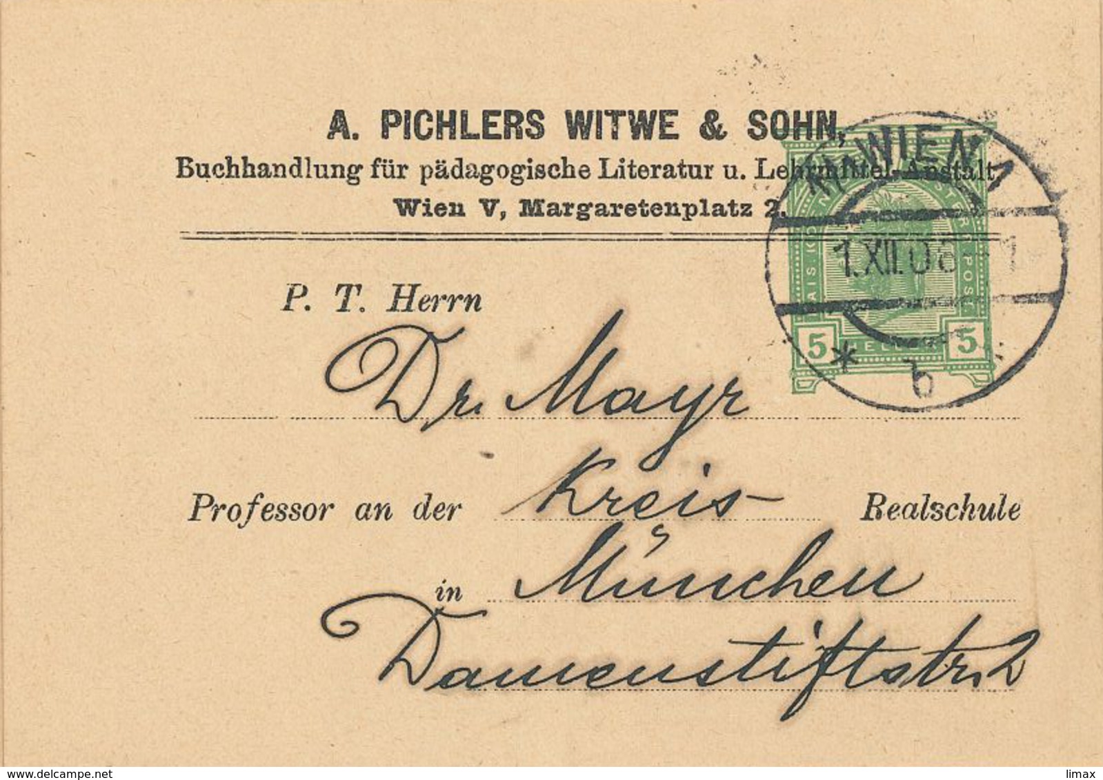 Ganzsache Pichlers Witwe 1906 Wien Buchhandlung Pädagogische Literatur Lehrmittel-Anstalt Briefstück - Covers & Documents