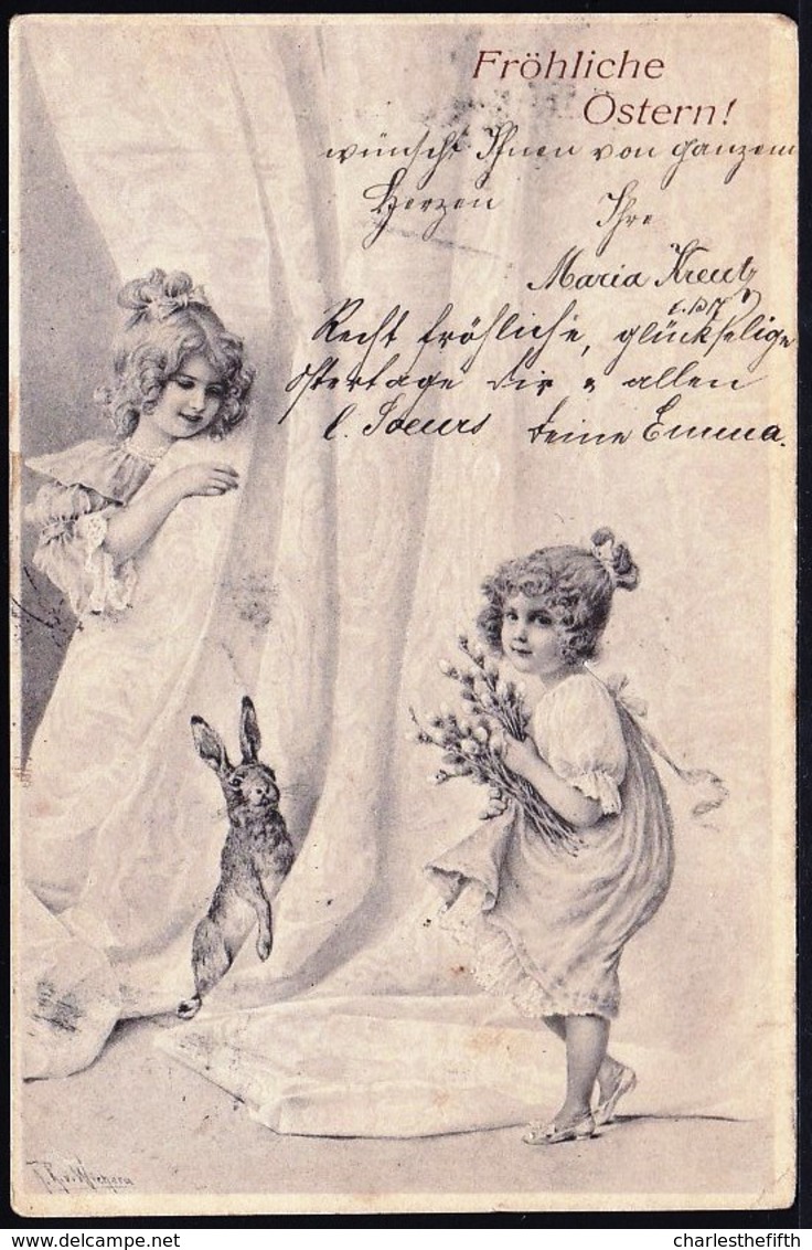CARTE ALLEMANDE - FRÖHLICHE ÖSTERN - ENFANTS AVEC LAPIN - Circulée 1903 - Vienne 138 - Wichera