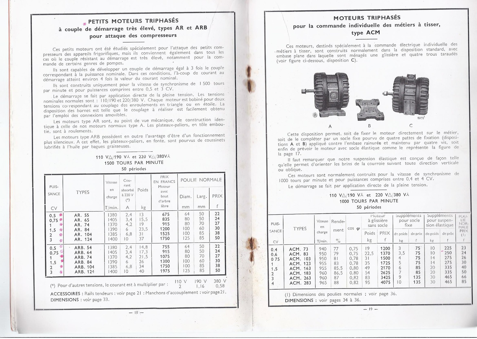 1939 A.C.E.C. CHARLEROI HERSTAL PETITS MOTEURS TRIPHASES CATALOGUE - Publicités