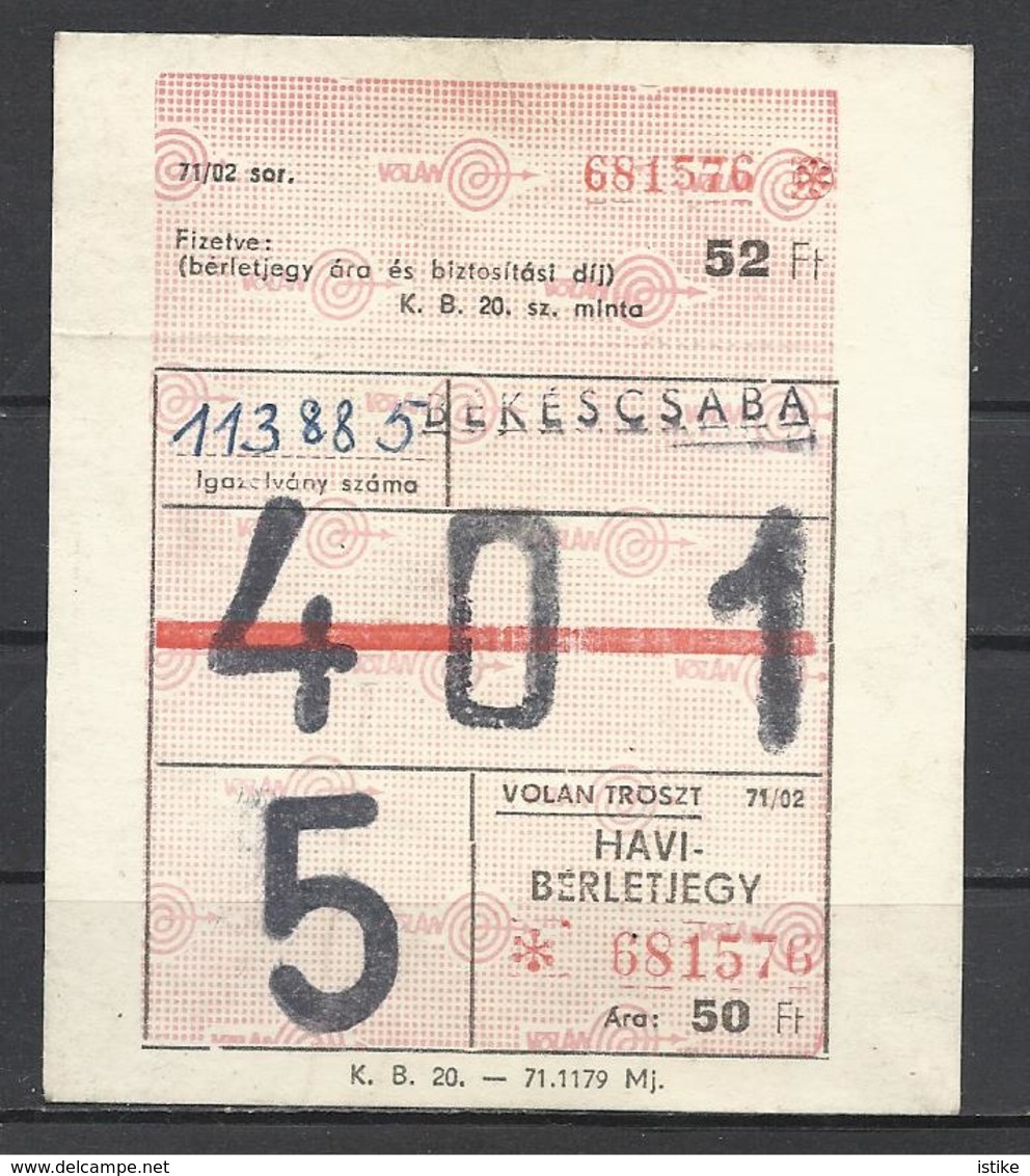 Hungary, Bekescsaba, Monthly Bus Ticket, '70s. - Europa