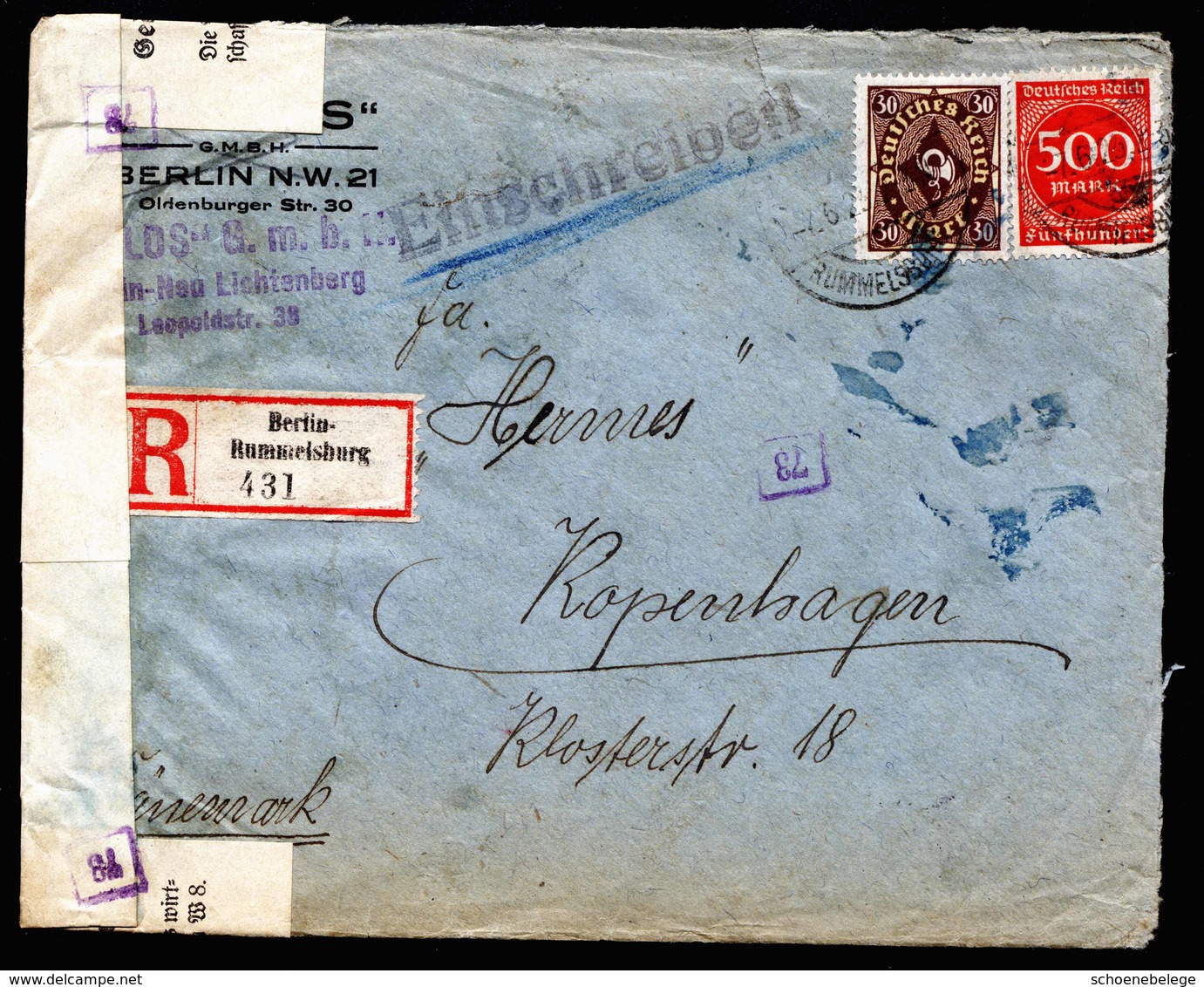 A6264) DR Infla R-Brief Berlin-Rummelsburg 07.06.23 N. Kopenhagen - Briefe U. Dokumente