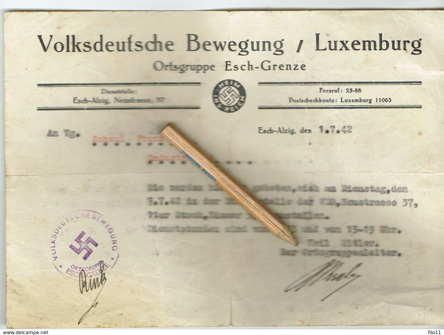Luxembourg Volksdeutsche Bewegung (Ortsgruppe ESCH/GRENZE) 1942 - Occupation