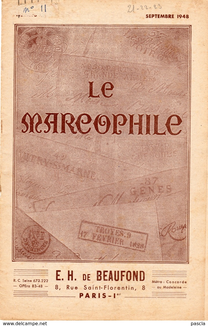 Le Marcophile - De BEAUFOND - Septembre 1948 - Numéro 11 - Marques De Cotes Du Nord - Creuse - Dordogne - Philatélie Et Histoire Postale