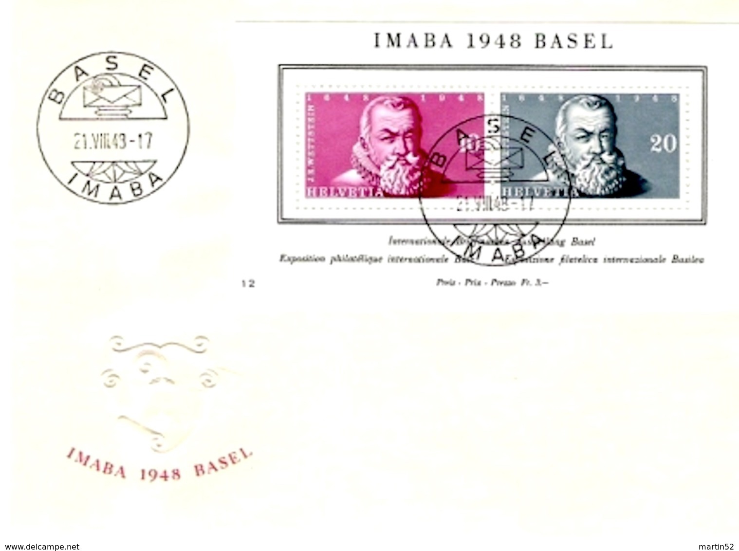 Schweiz Suisse 1948: IMABA Zu WIII31 Mi Block 13 Yv BF 13 FDC Illustriert Blanco Mit O BASEL 21.VIII.48 (Zu CHF 120.00) - FDC