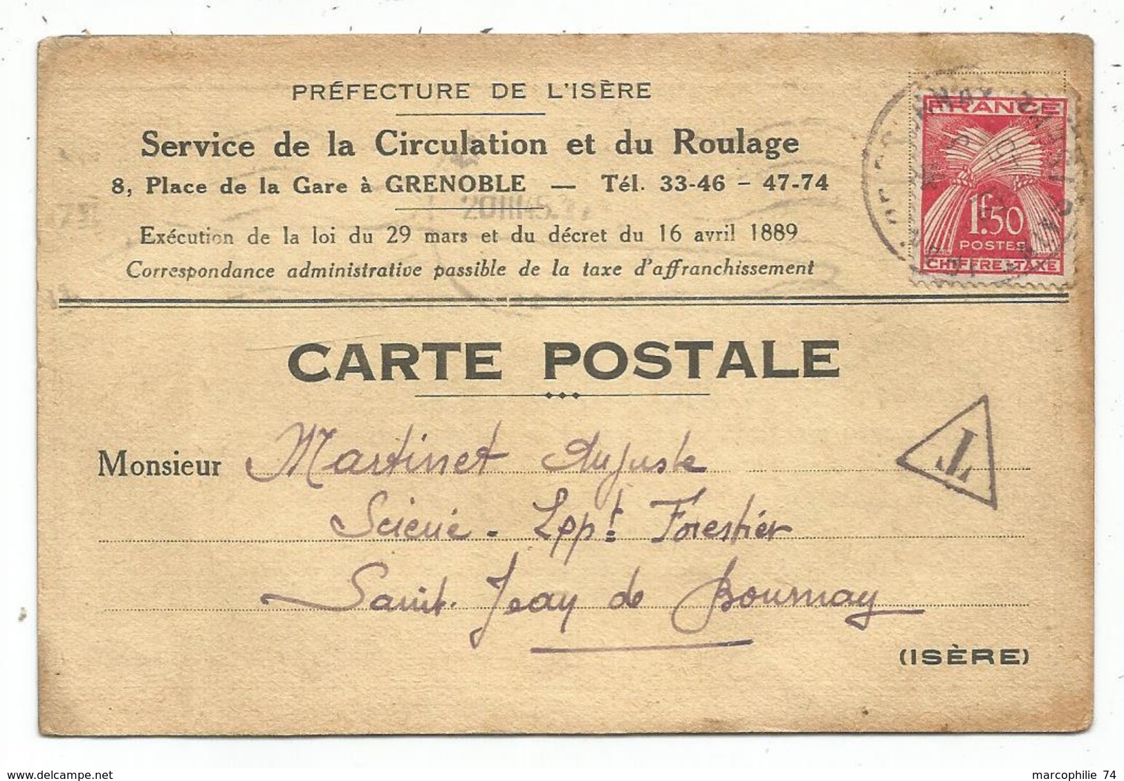 TAXE 1FR50 GERBES SEUL CARTE POSTALE CIRCULATION PREFECTURE DE L'ISERE 19 MARS 1945 - 1859-1959 Storia Postale