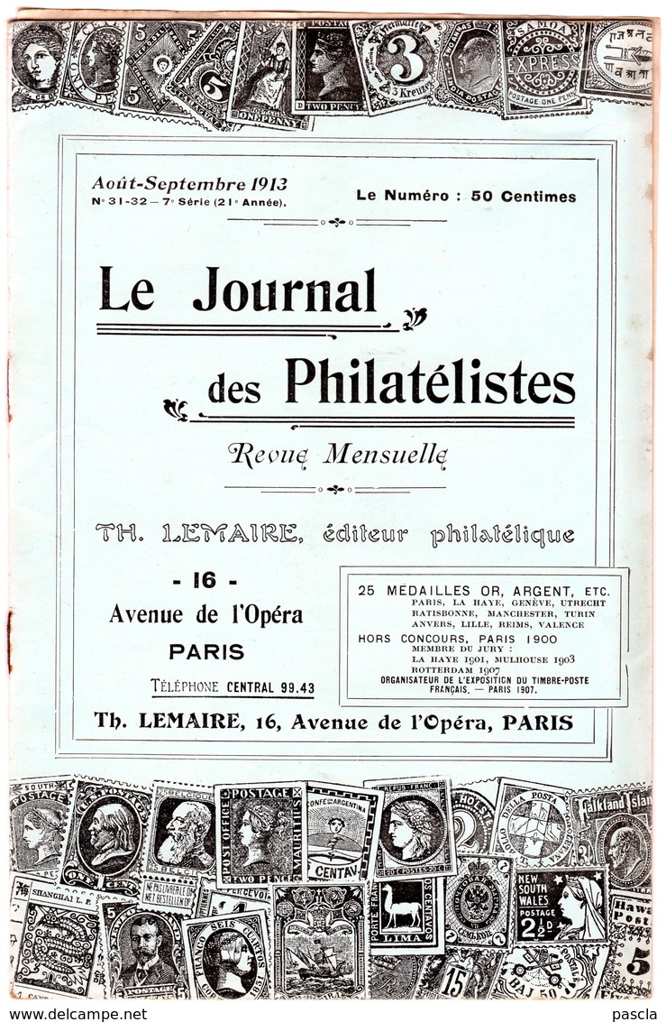 Le Journal Des Philatélistes - Aout Septembre  1913 - LEMAIRE - - Philately And Postal History