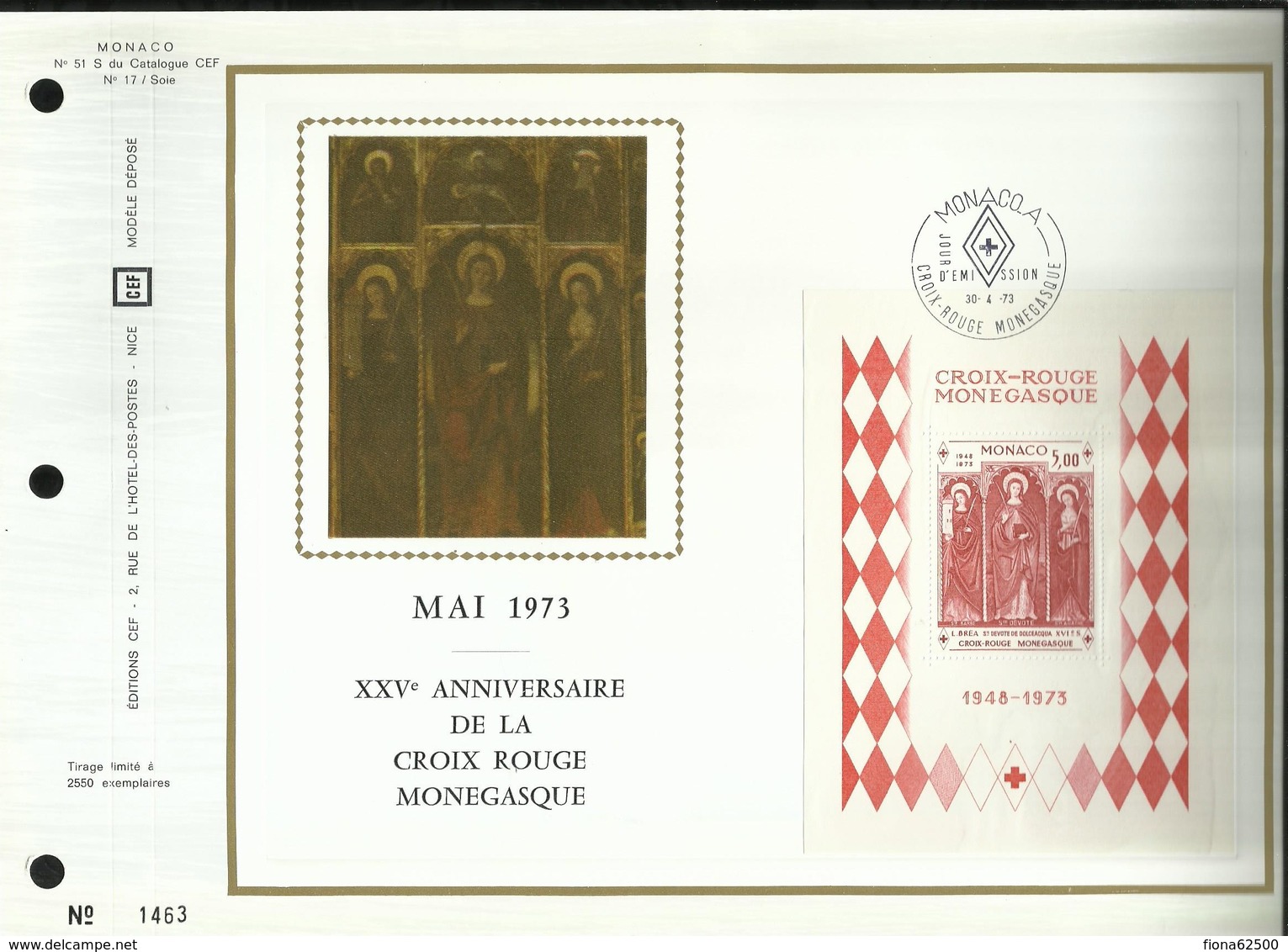 N° 51 S DU CATALOGUE CEF .  N° 17 / SOIE  . XXVéme ANNIVERSAIRE DE LA CROIX ROUGE MONEGASQUE  . 30 AVRIL 1973 . MONACO . - FDC