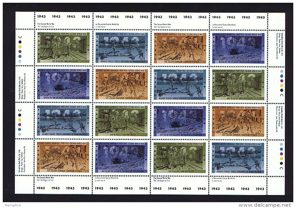 1993  50th World War II  Anniversary   Sc 1502-6  Se-tenant MNH Complete Sheet Of 16 With Inscriptions - Feuilles Complètes Et Multiples