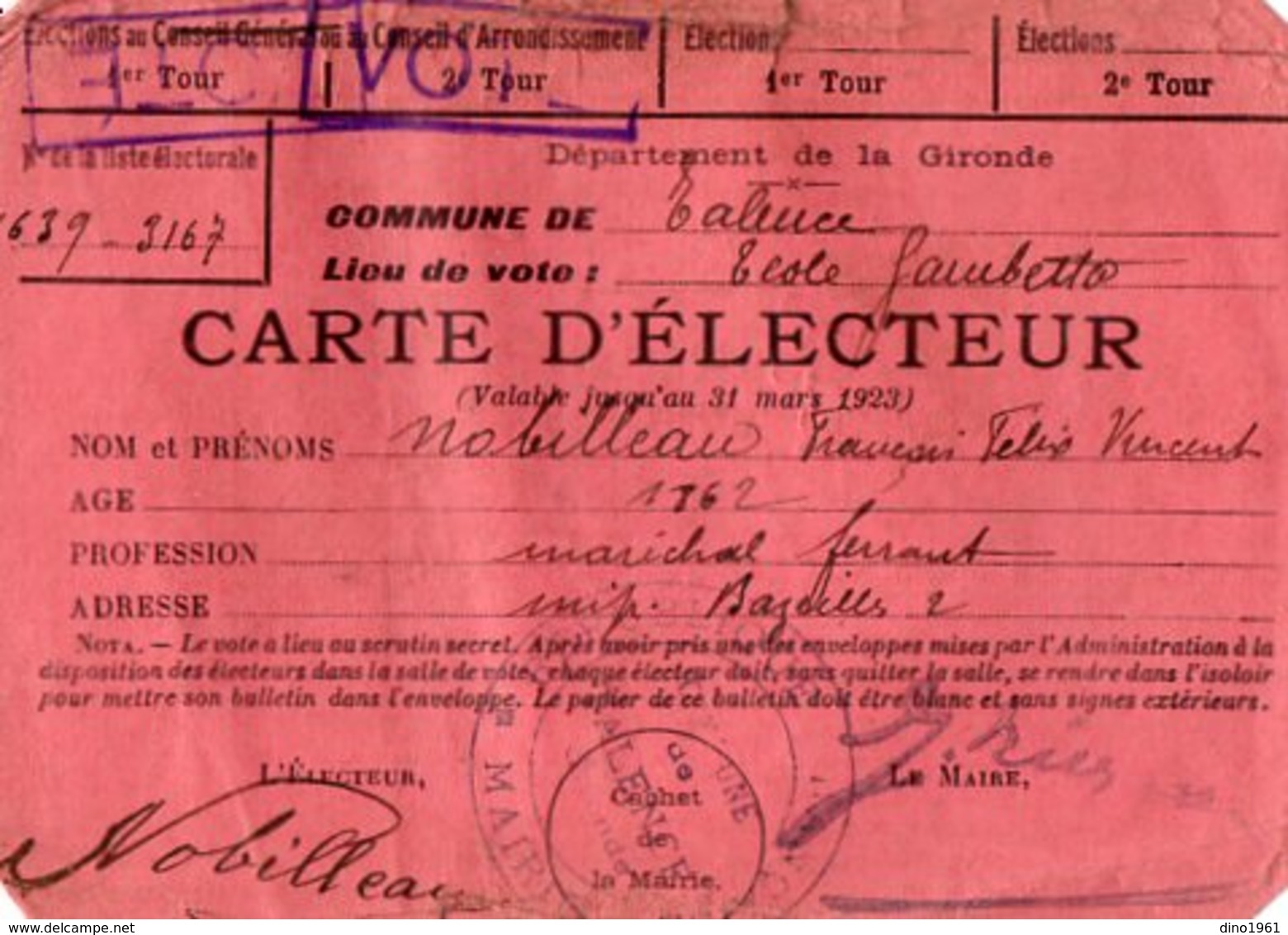 VP15.423 - Commune De TALENCE 1923 - Carte D'Electeur - Mr NOBILLEAU Maréchal Ferrant - Andere & Zonder Classificatie