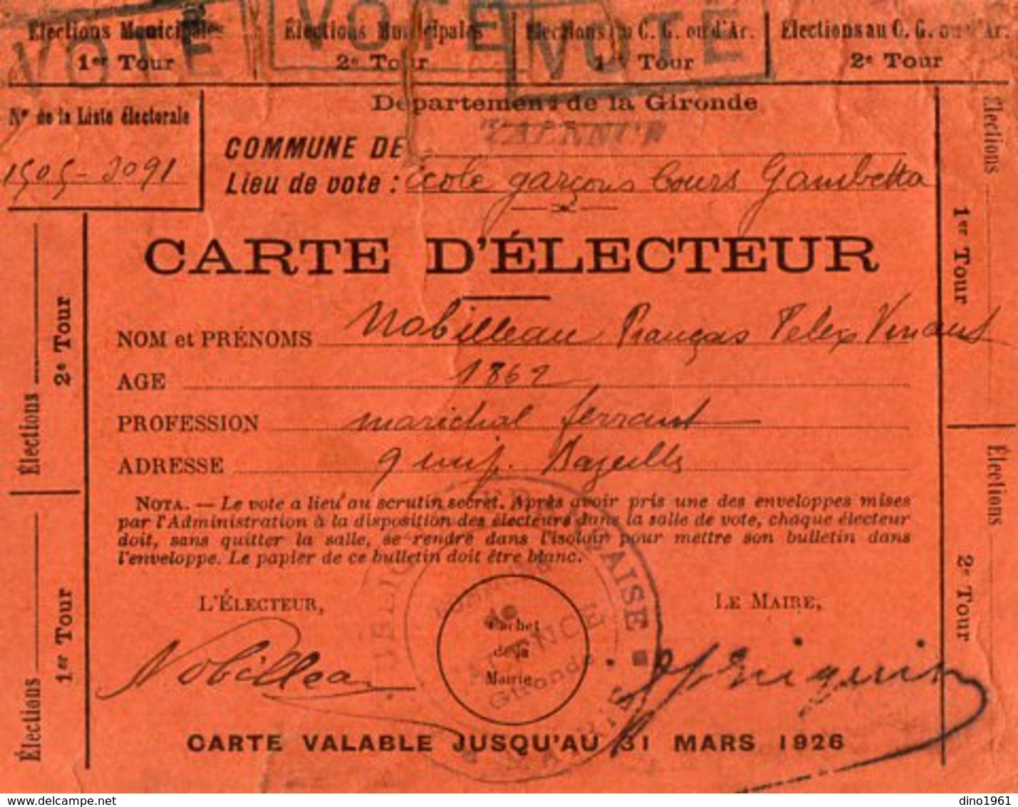 VP15.424 - Commune De TALENCE 1926 - Carte D'Electeur - Mr NOBILLEAU Maréchal Ferrant - Autres & Non Classés
