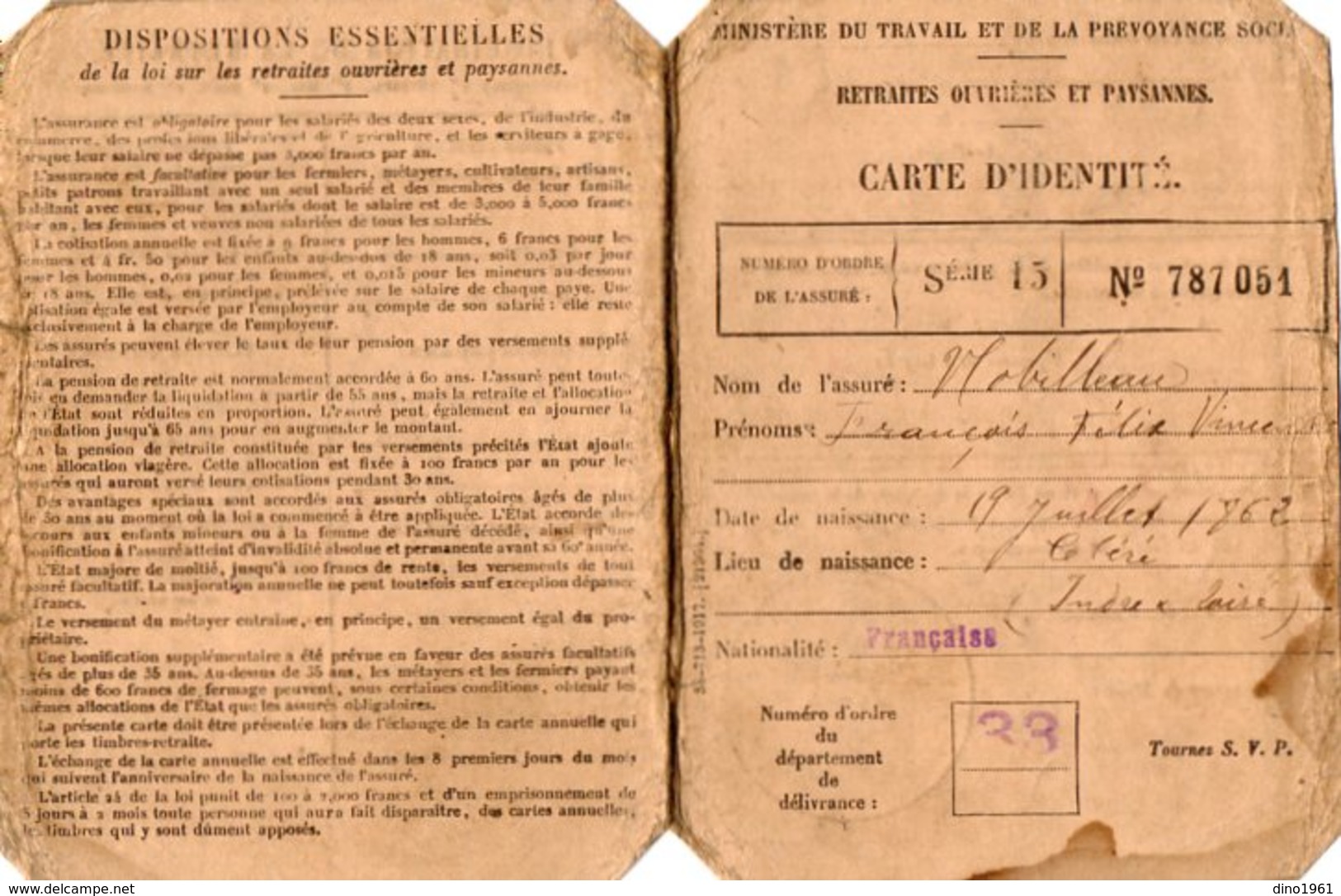 VP15.425 - BORDEAUX 1920 - Carte D'Identité - Retraites Ouvrières Et Paysannes - Mr NOBILLEAU - Otros & Sin Clasificación