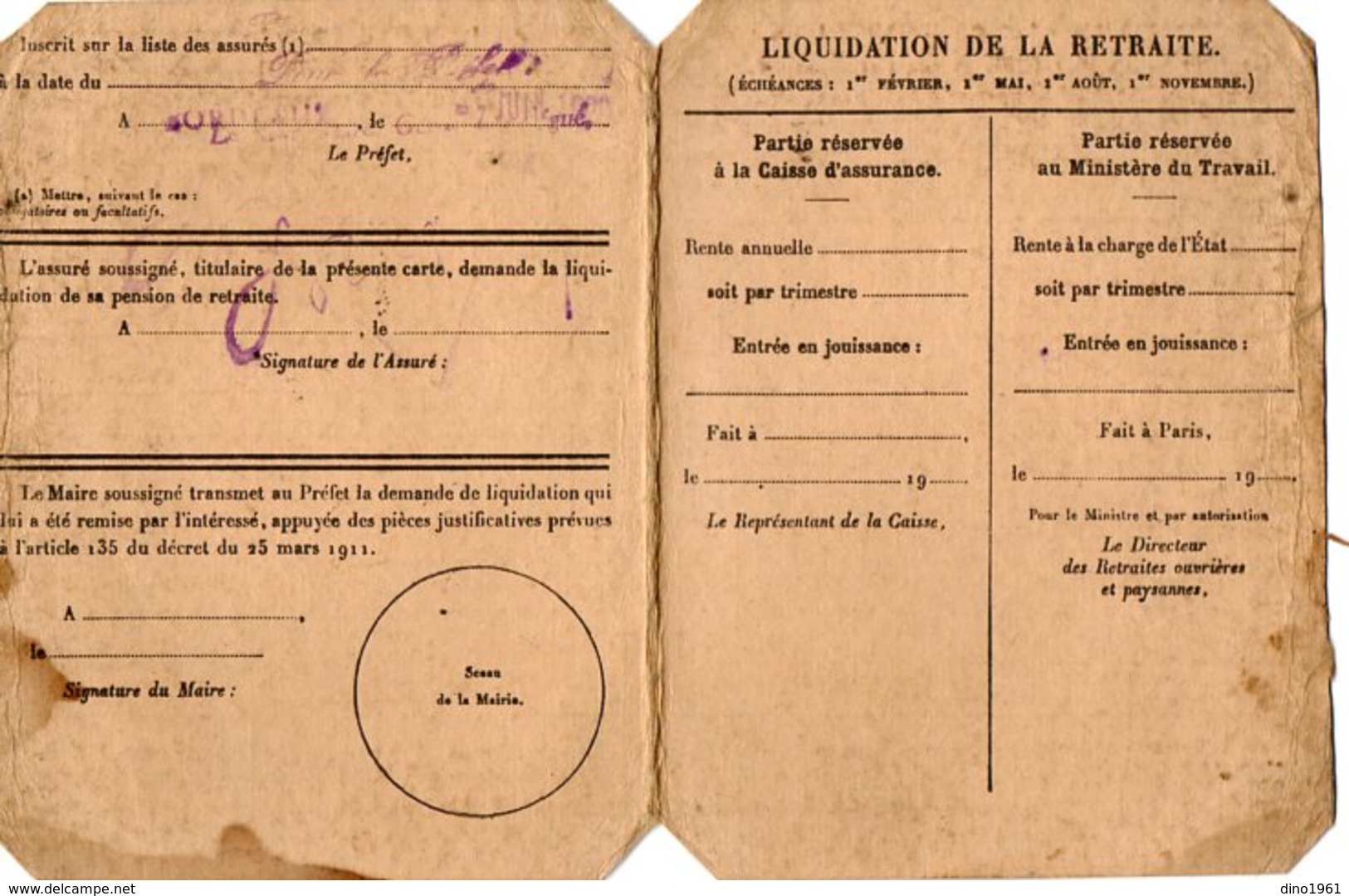 VP15.425 - BORDEAUX 1920 - Carte D'Identité - Retraites Ouvrières Et Paysannes - Mr NOBILLEAU - Altri & Non Classificati