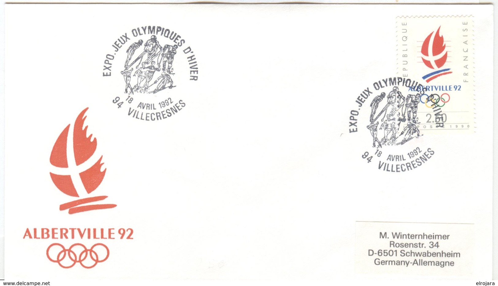 FRANCE Olympic Cover With Olympic Stamp And Olympic Handcancel Villecresnes Expo Jeux Olympique D'Hiver - Winter 1992: Albertville