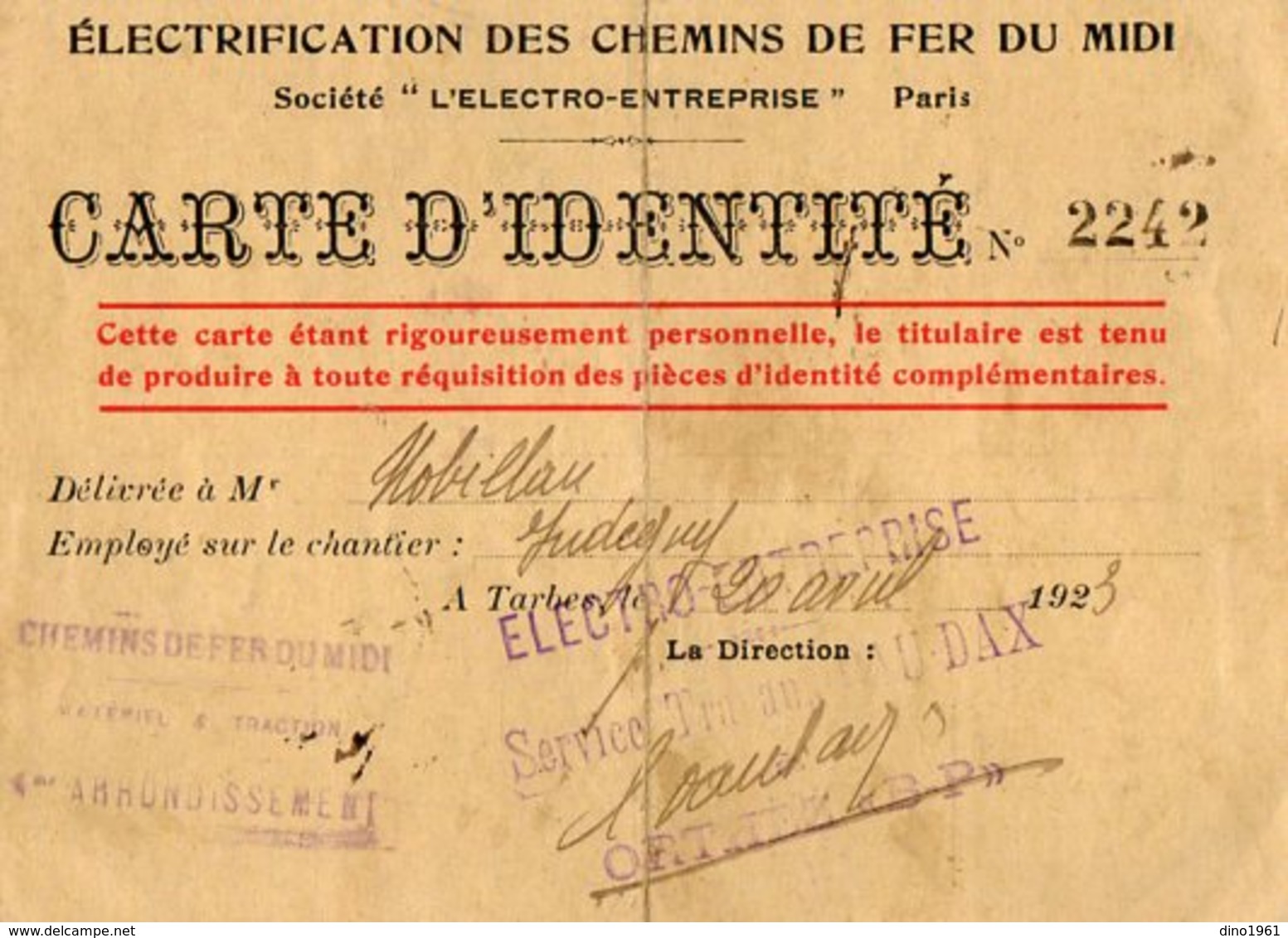 VP15.426 - TARBES 1923 - Carte D'Identité - Electrification Chemins De Fer Du Midi - Sté L'Electro - PARIS X PAU X DAX - Sonstige & Ohne Zuordnung